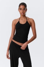 Schwarz - Schmal geschnittenes Neckholder-Top aus Baumwolle - 0