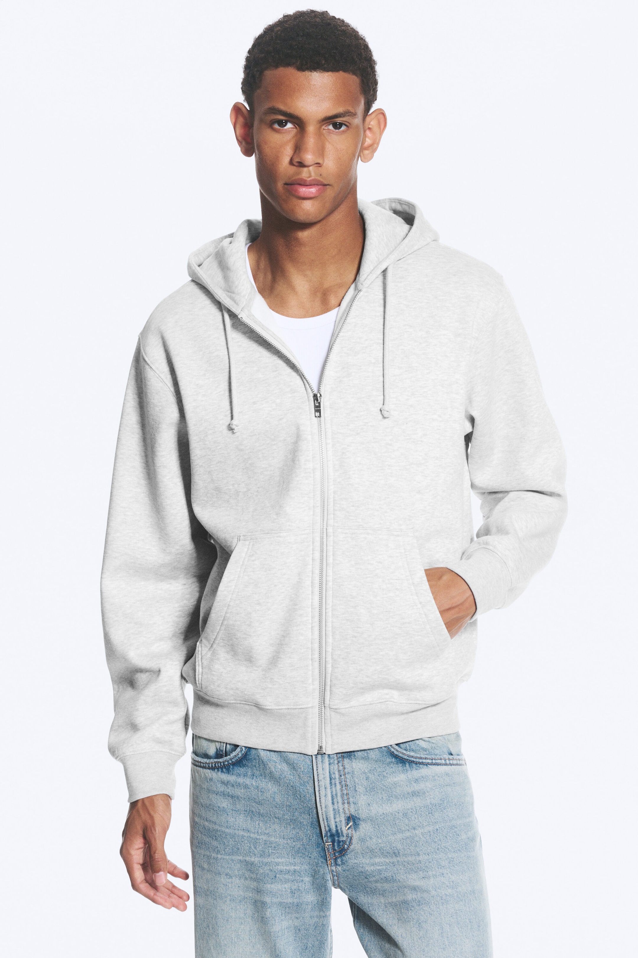 Gris chiné - Sweat à capuche zippé classique - 1