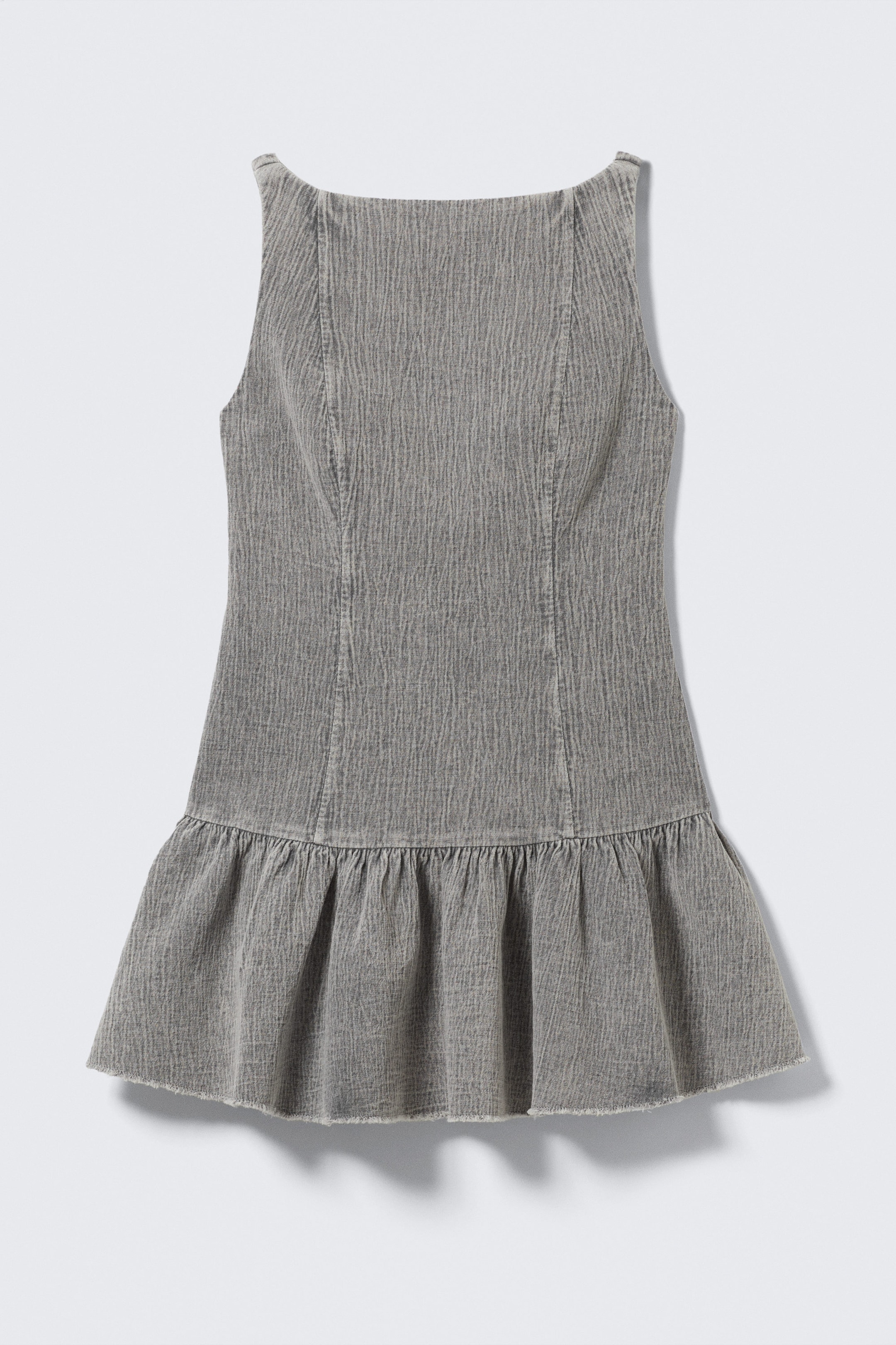 Washed Grey - Flared Boat-neck Mini Twill Dress - 3