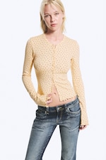 Light Yellow - Floral - Ribbed slim fit cardigan - 0