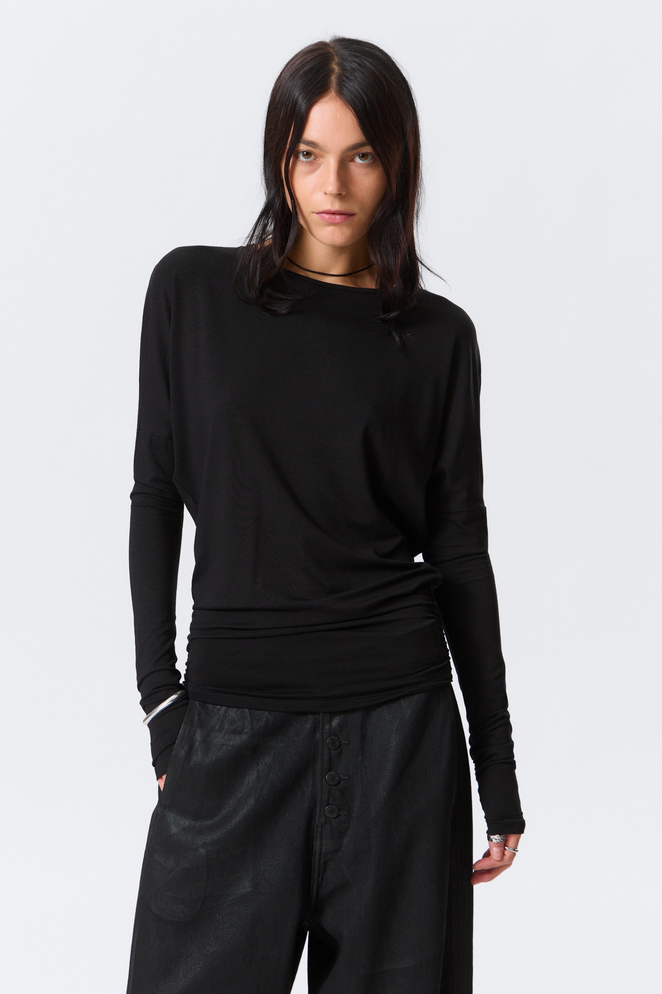 Black - Long-Sleeved Open Back Top - 2