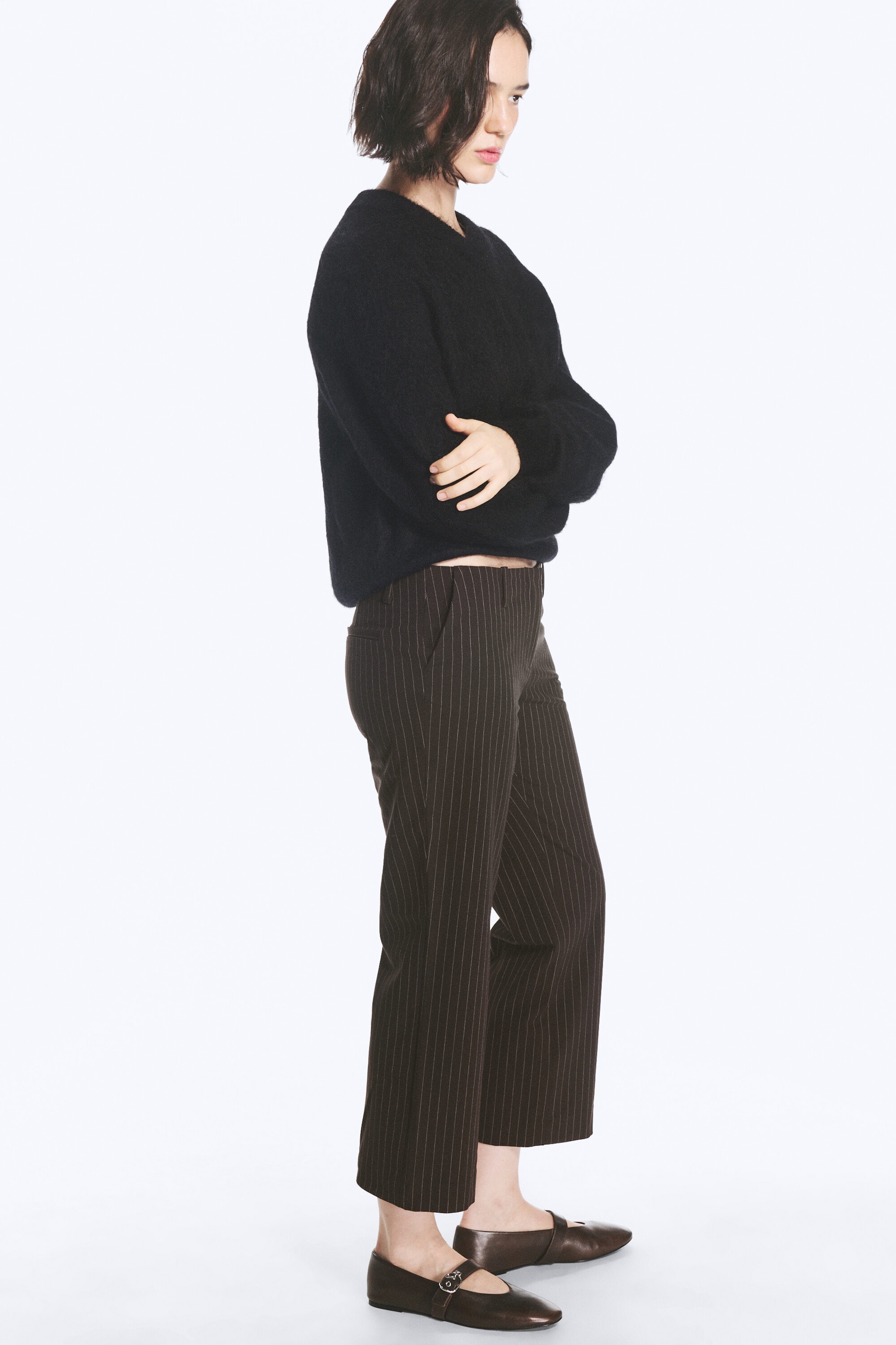 Pinstriped Dark Brown - Low-Rise Cropped Bootcut Suit Trousers - 2