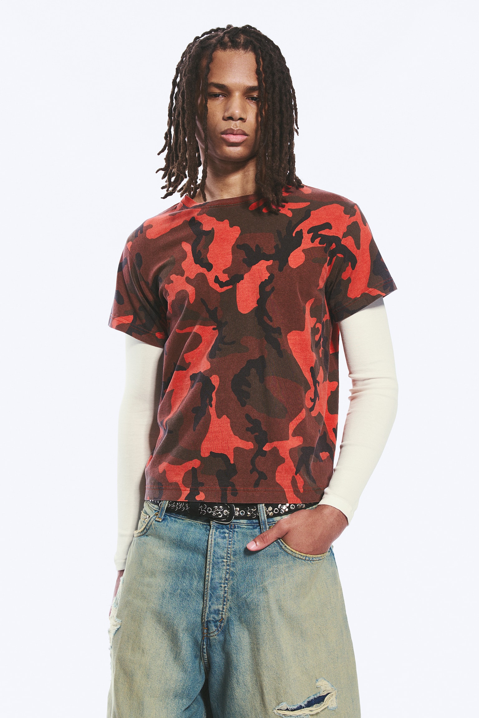 Gekrompen dubbellaags T-shirt - Rode camouflage/Zwart en wit - 5