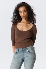 Mörkbrun - Fitted Three-Quarter Sleeve Top - 0