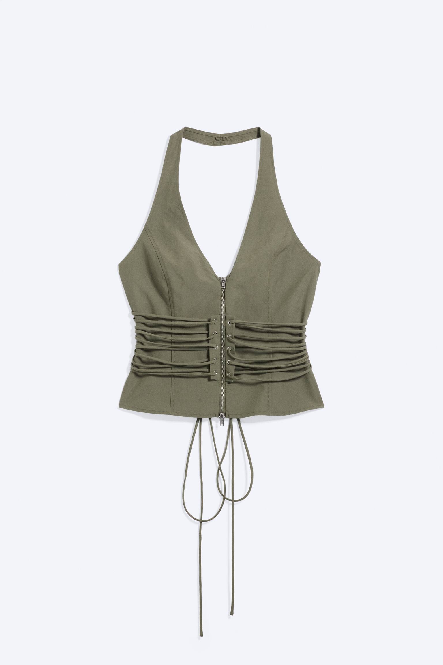 Top halter con escote en V, cremallera bidireccional y lazo en la cintura - Verde caqui - 1