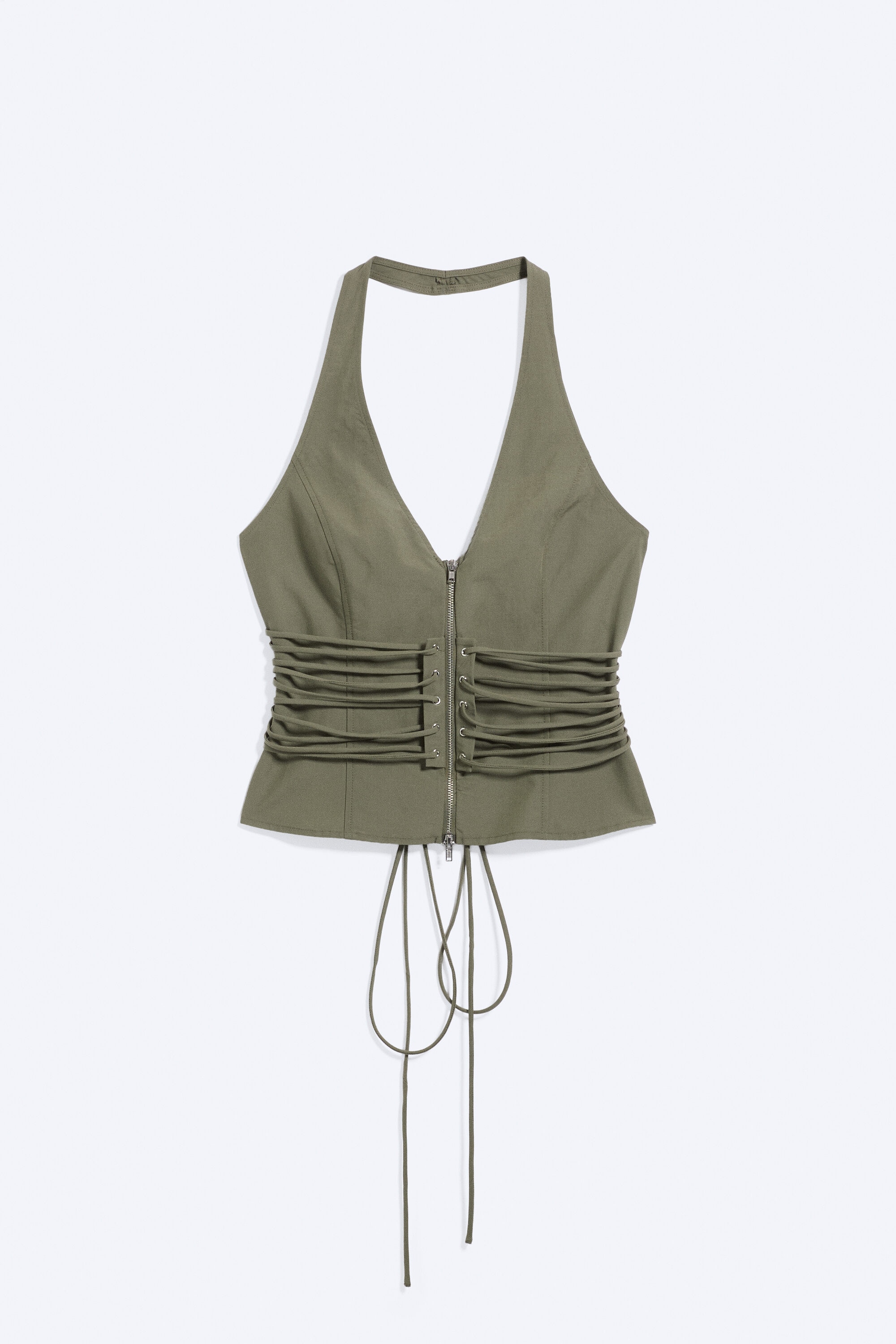 tie waist v-neck zip halter top - Khaki Green | Weekday WW