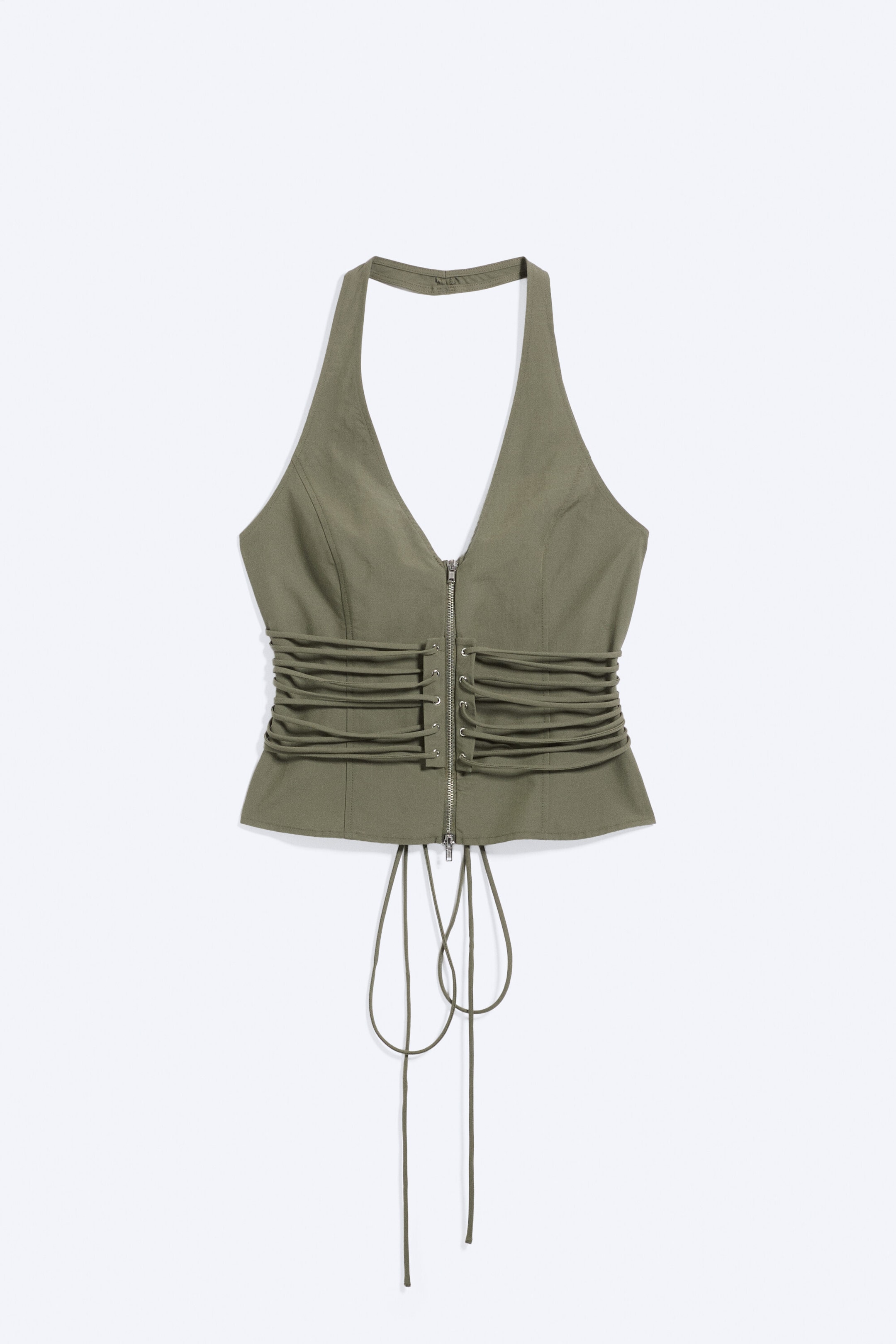 Vert kaki - Haut dos nu zippé col V à nouer à la taille - 4