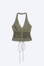 Vert kaki - Haut dos nu zippé col V à nouer à la taille - 4