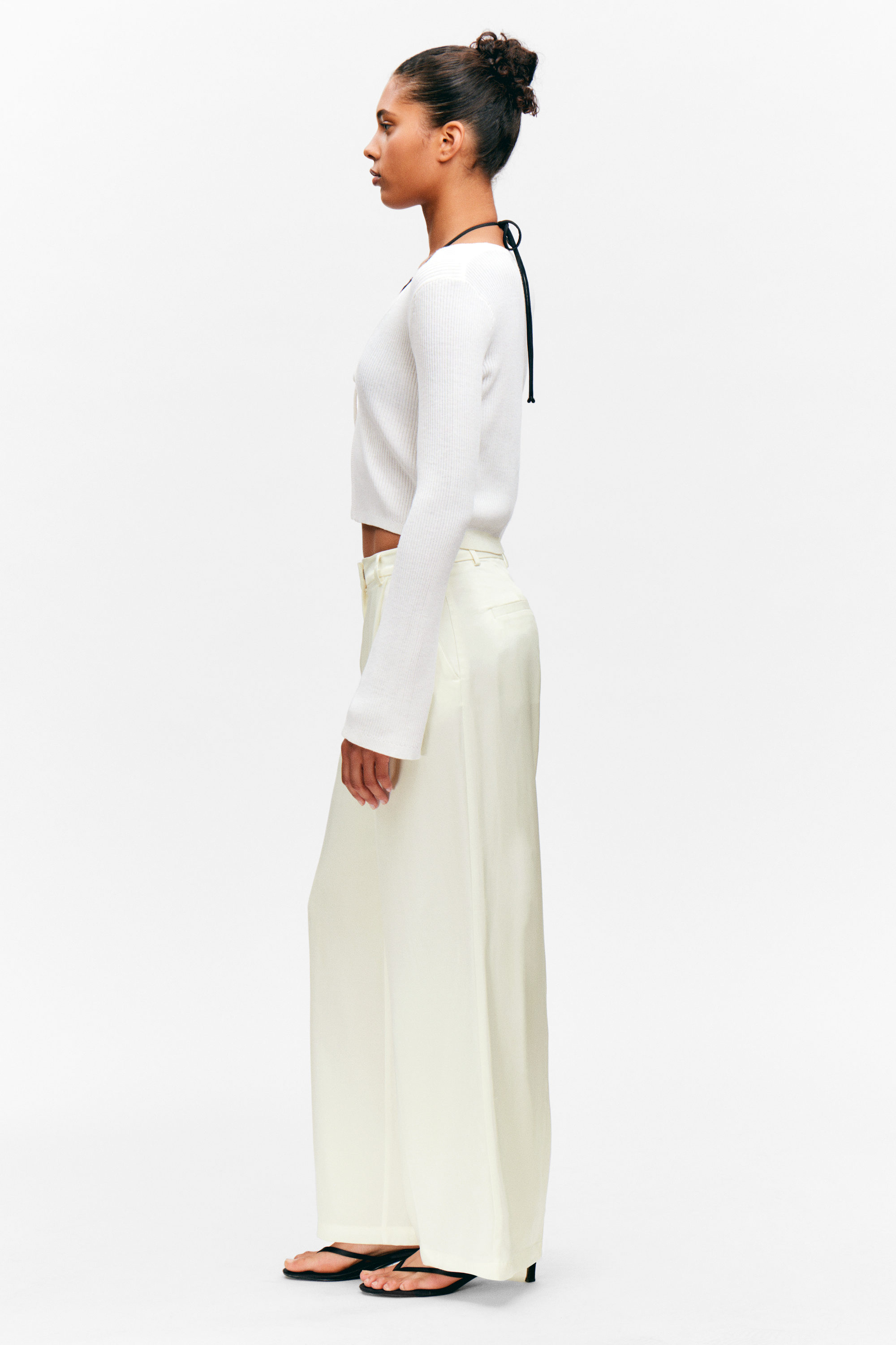 Weiß - High Waisted Wide Leg Satin Trousers - 2