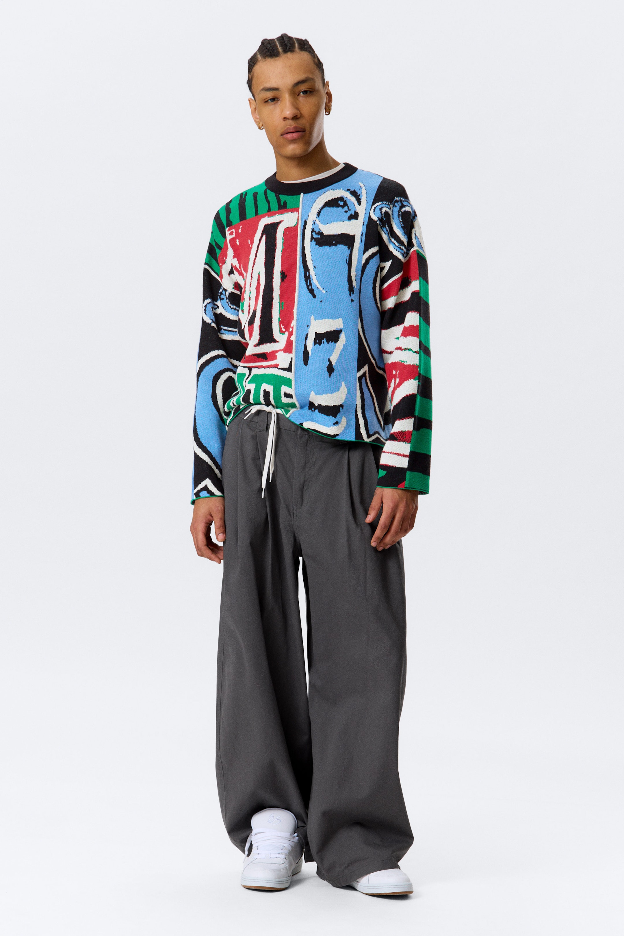 Veelkleurige print - Losse grafische gebreide katoenen trui - 2