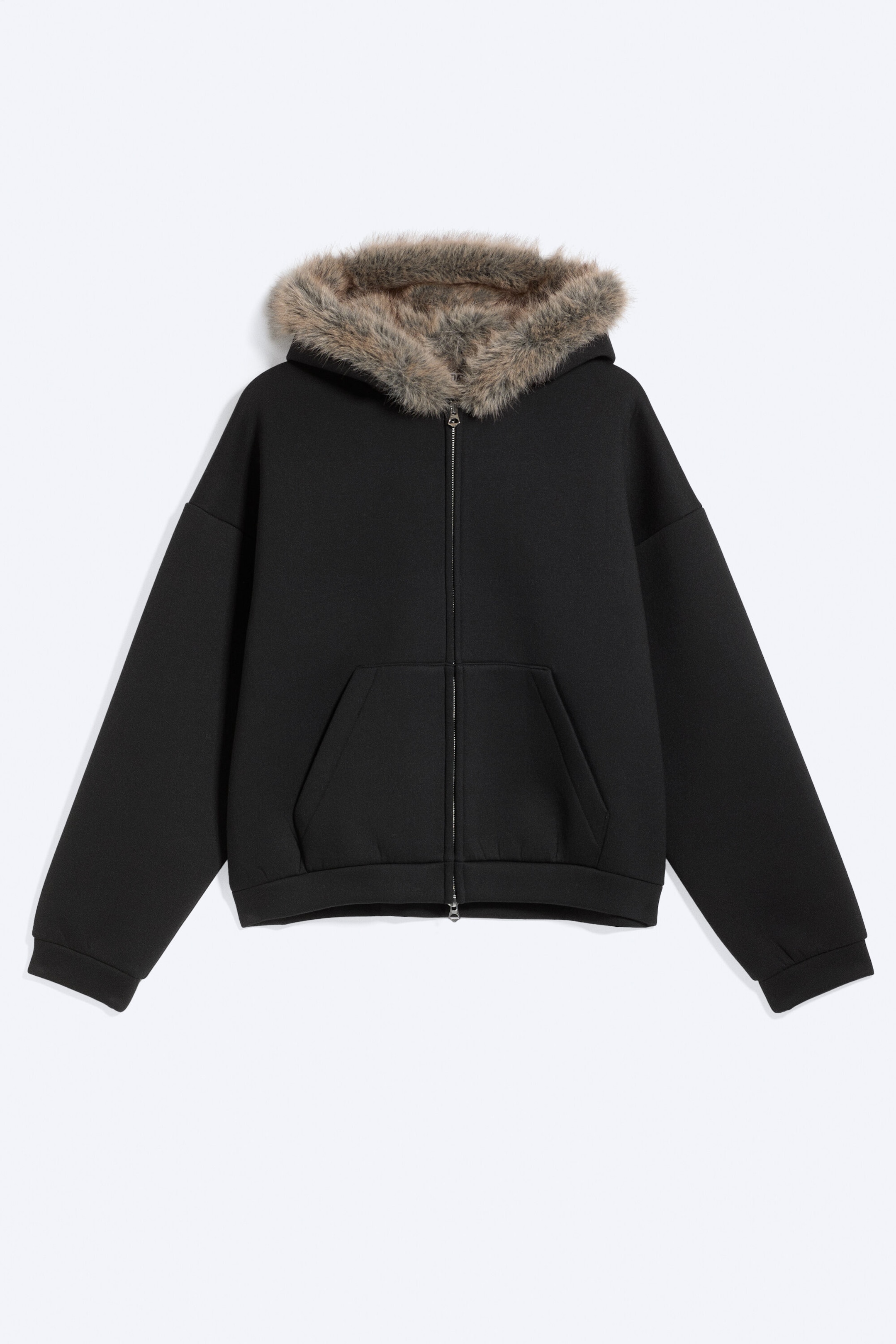 Schwarz - Scuba-Hoodie mit Zipper und Kunstfellkapuze - 4