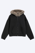 Schwarz - Scuba-Hoodie mit Zipper und Kunstfellkapuze - 4
