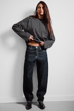 Blue Rinse - Dark Blue - Nebula Mid Rise Loose Barrel Leg Unisex Jeans - 1