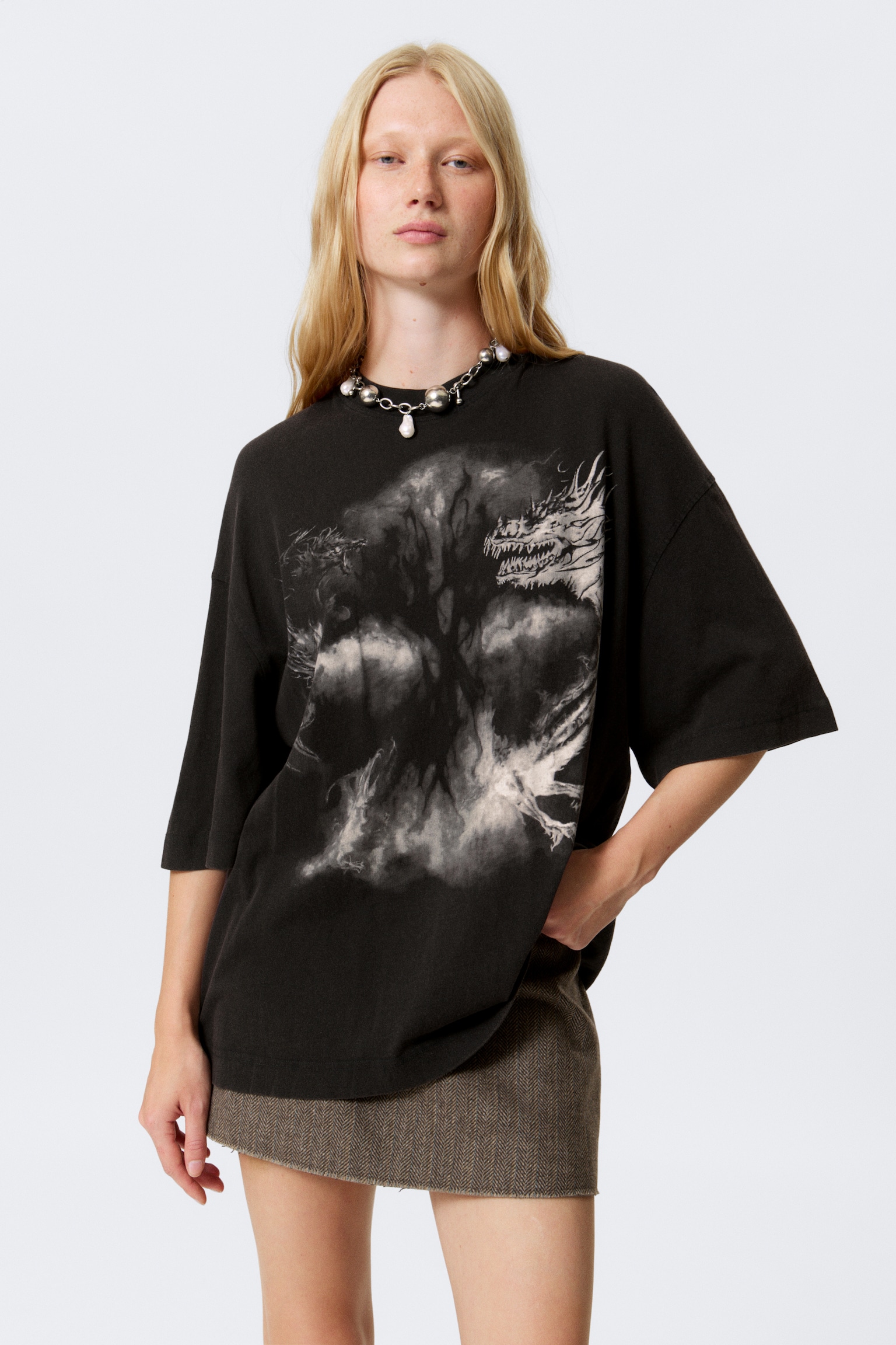 Wide Oversized Printed T-shirt - Negru - Dragon/Alb - Energy/Light Lilac - Deep Dreams/Portocaliu Tie-Dye