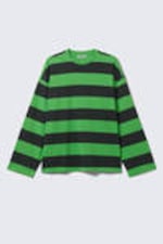 Black & Green Stripe - Long-Sleeved Oversized Cotton T-shirt - 3