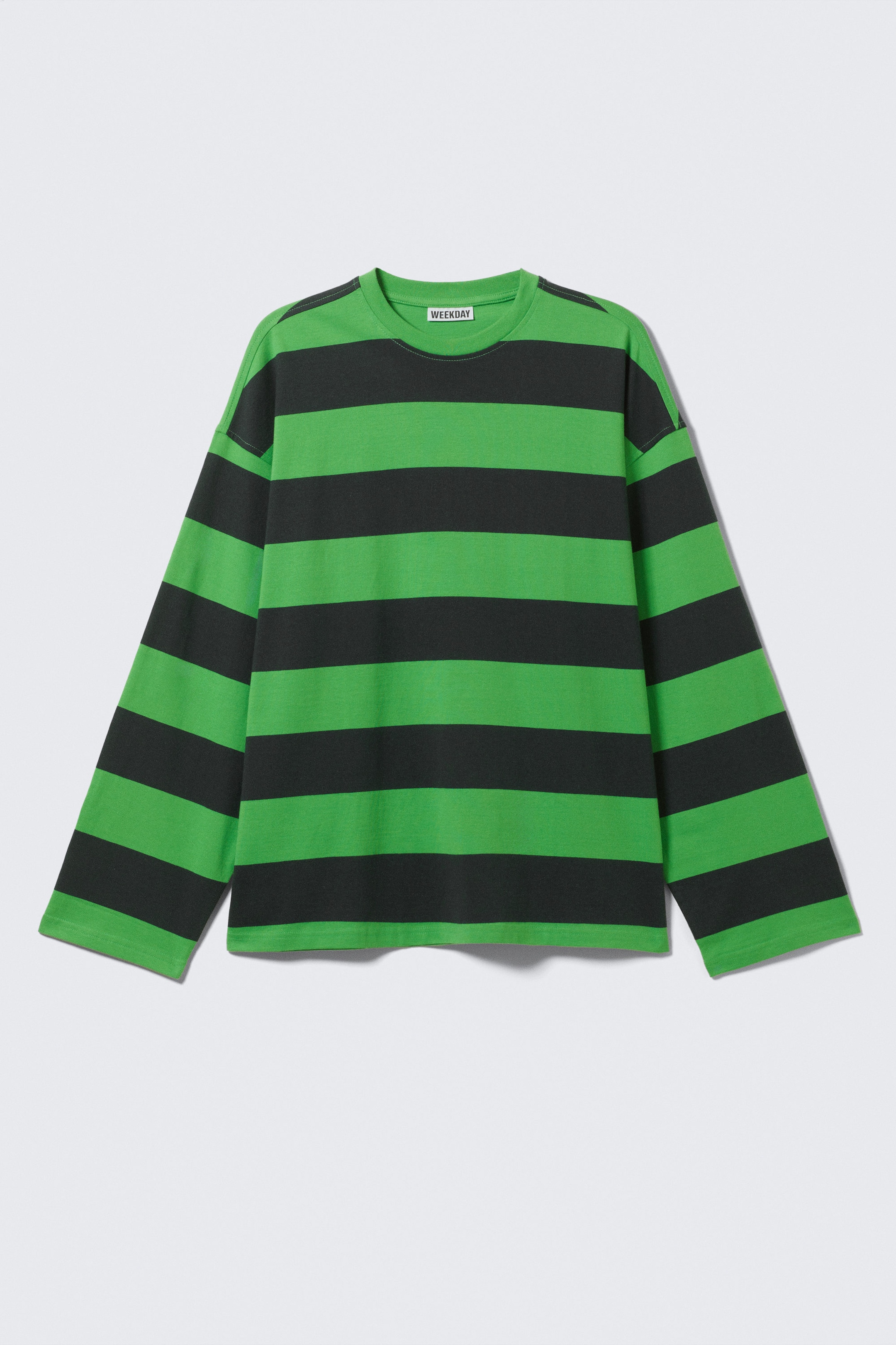 Black & Green Stripe - Long-Sleeved Oversized Cotton T-shirt - 0