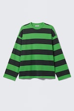Black & Green Stripe - Long-Sleeved Oversized Cotton T-shirt - 0