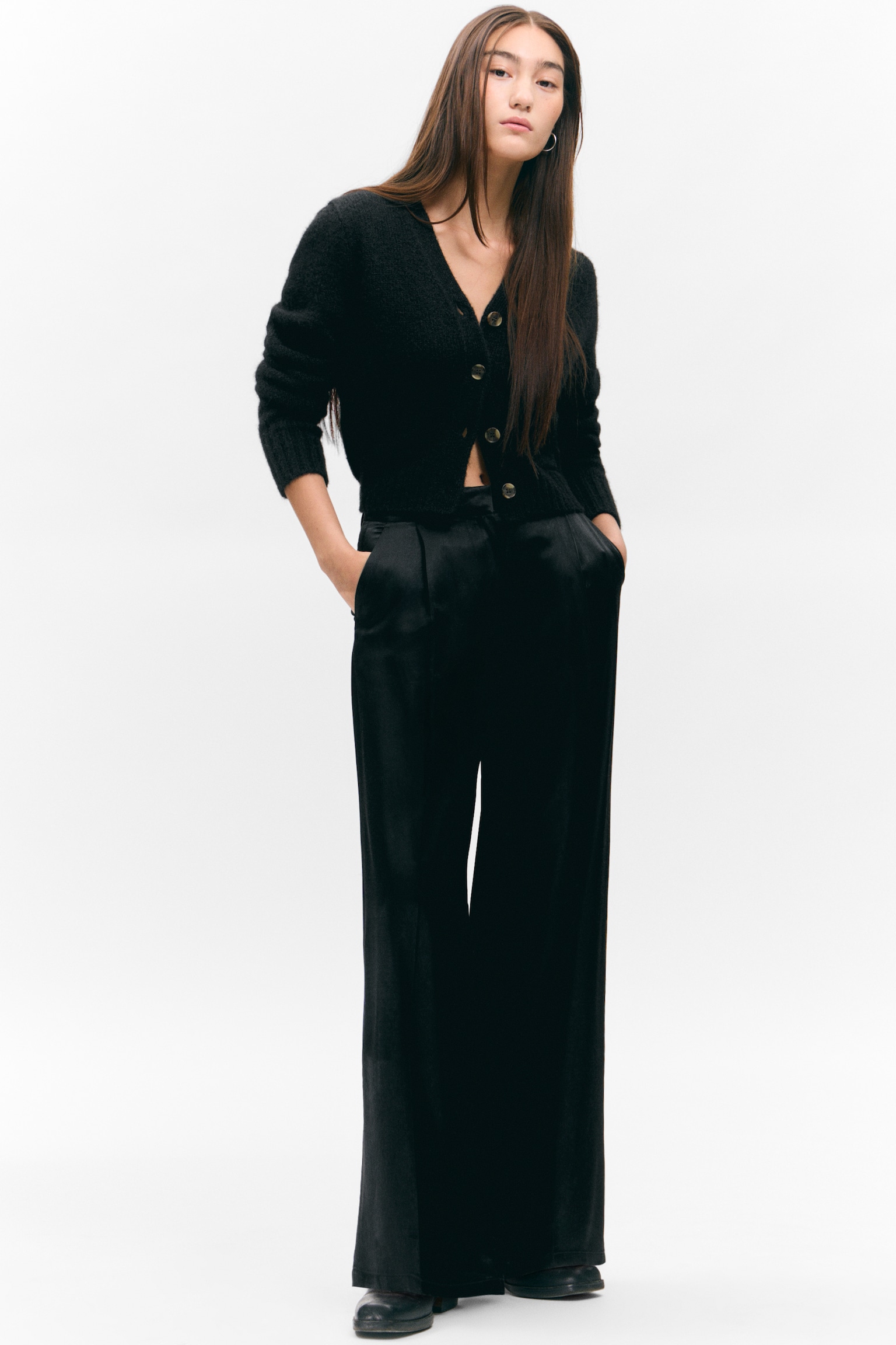 High Waisted Wide Leg Satin Trousers - Noir/Blanc