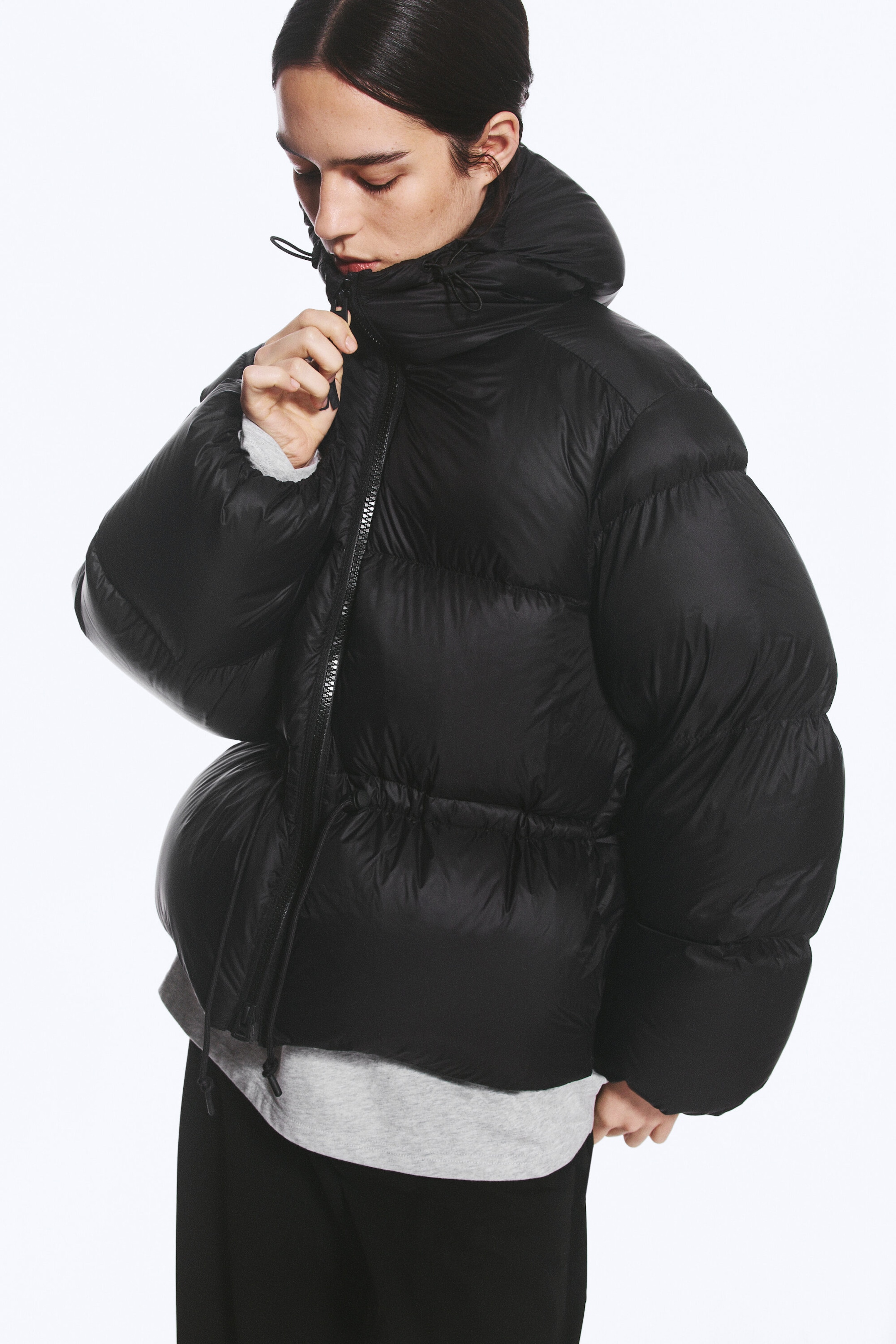 Black - Oversized Hooded Recycled Down Puffer Jacket - 2
