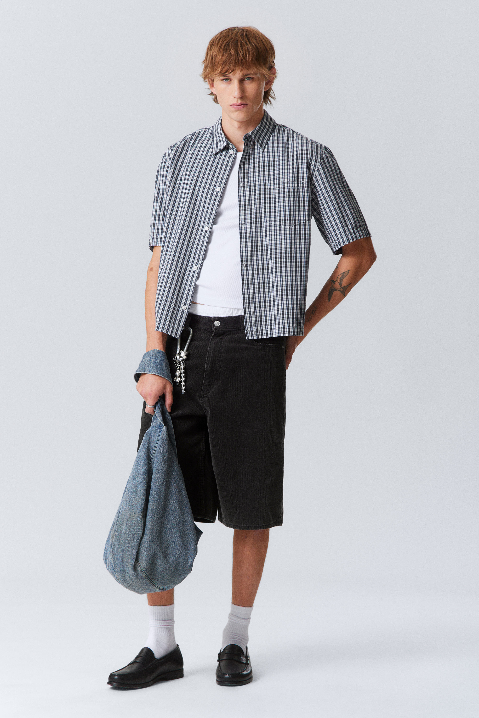 Checked Blue - Relaxed Fit Short-Sleeved Cotton Shirt - 1