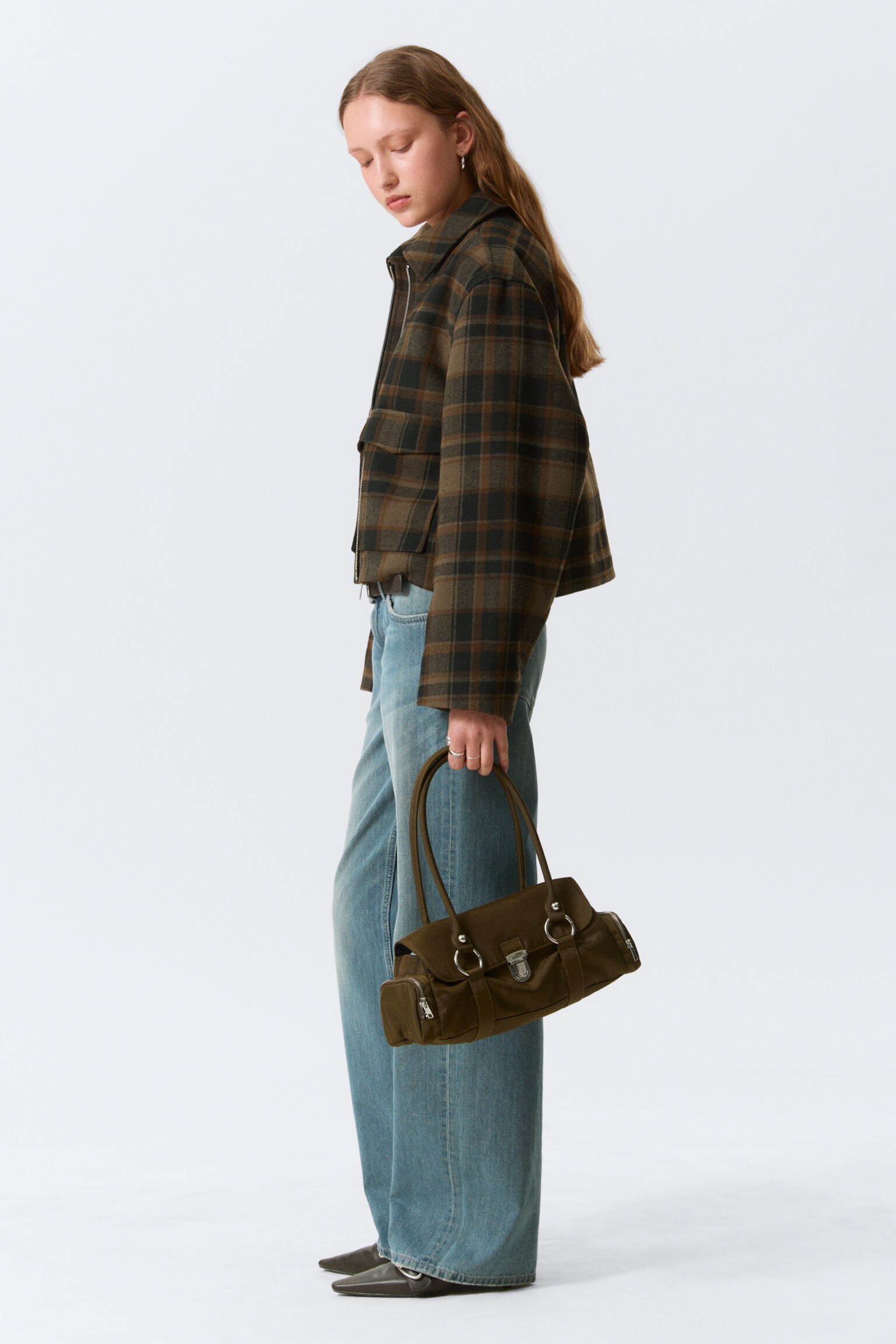 Croppad boxig zip-jacka - Mörkbrun rutig/Mörkgråmelerad/Mjukbrun - 9