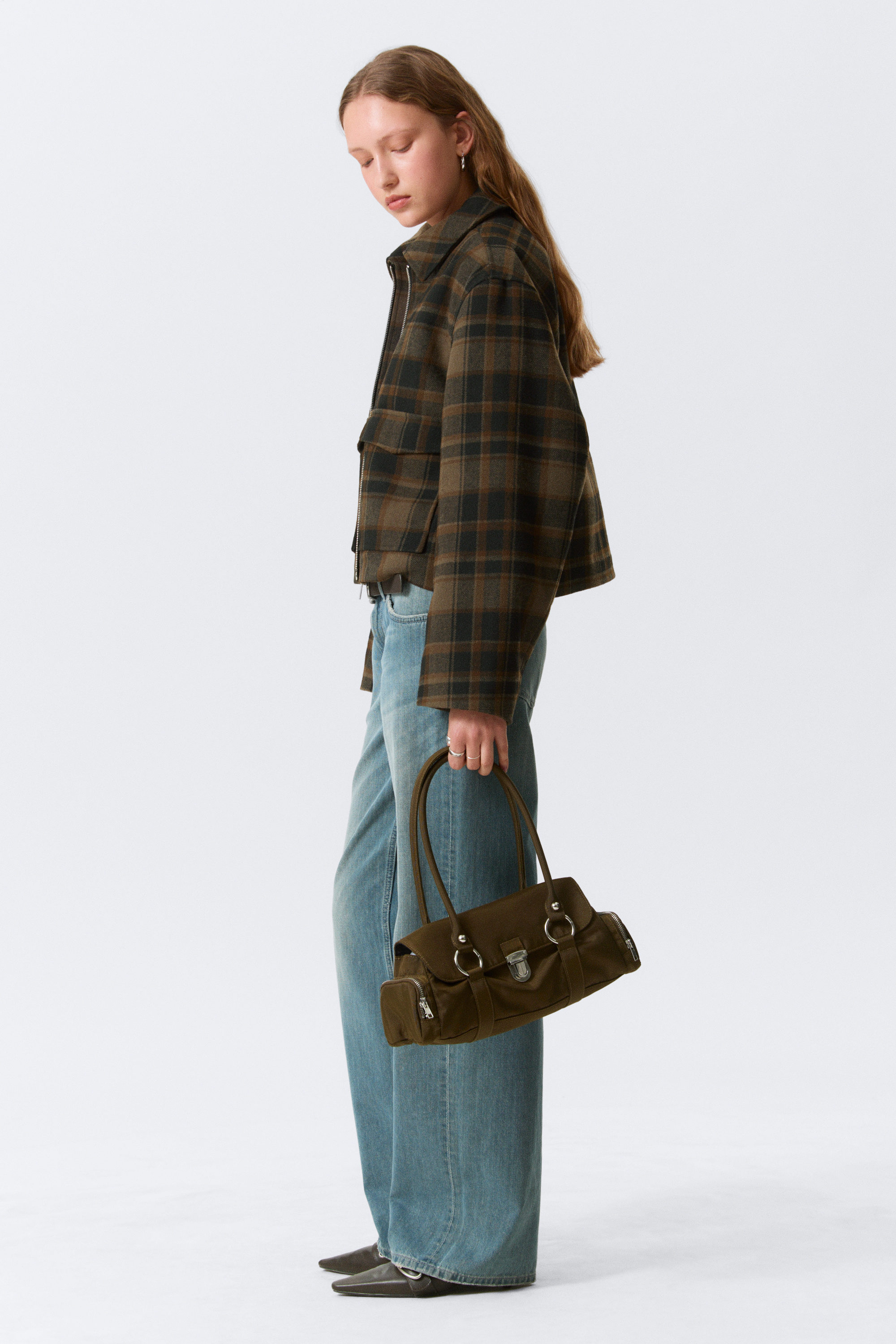 Dark Brown Check - Cropped Boxy Zip Jacket - 4