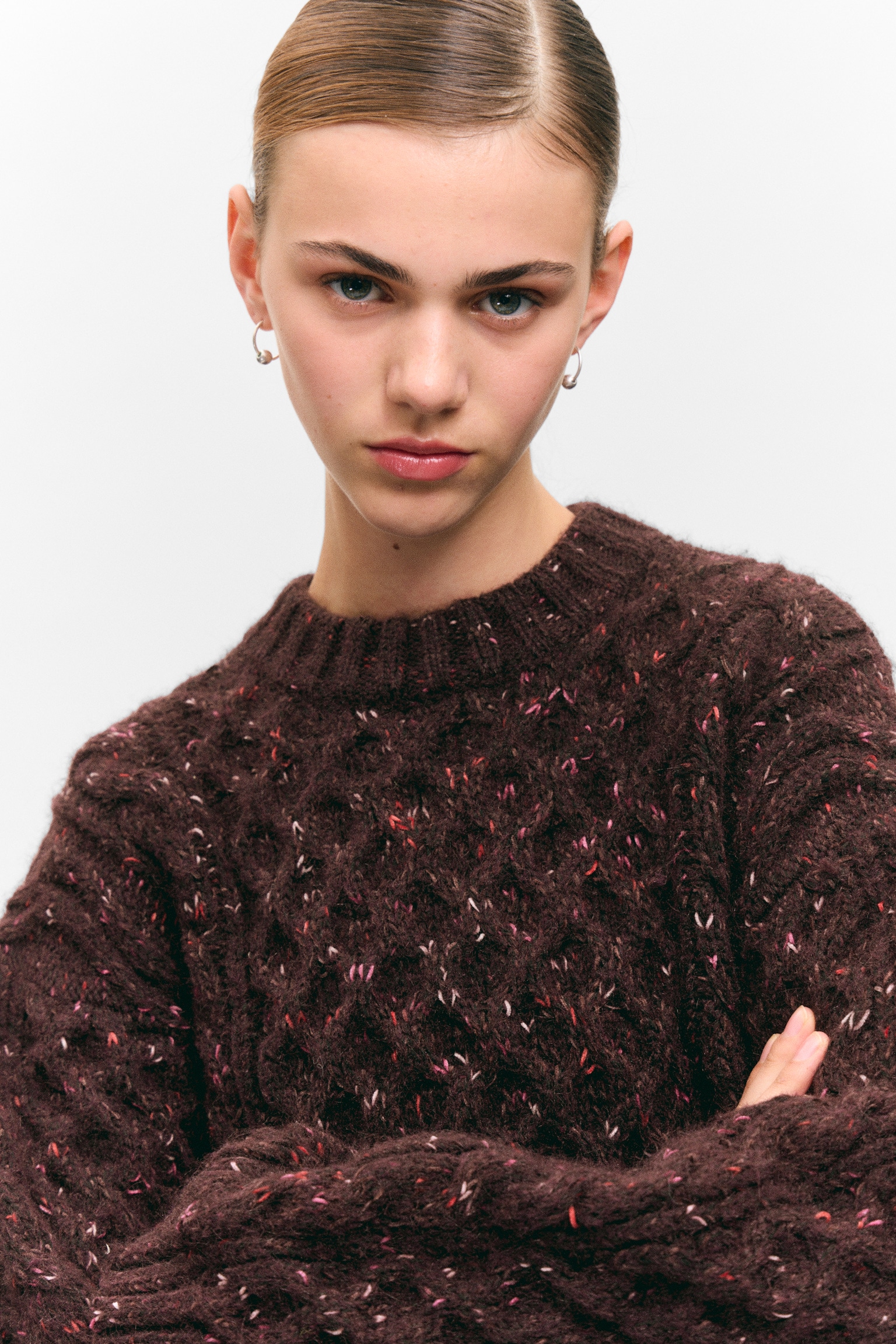 Long Cable Knit Textured Sweater - Dark Purple - Pink Neps/Beige - Pink Neps - 6