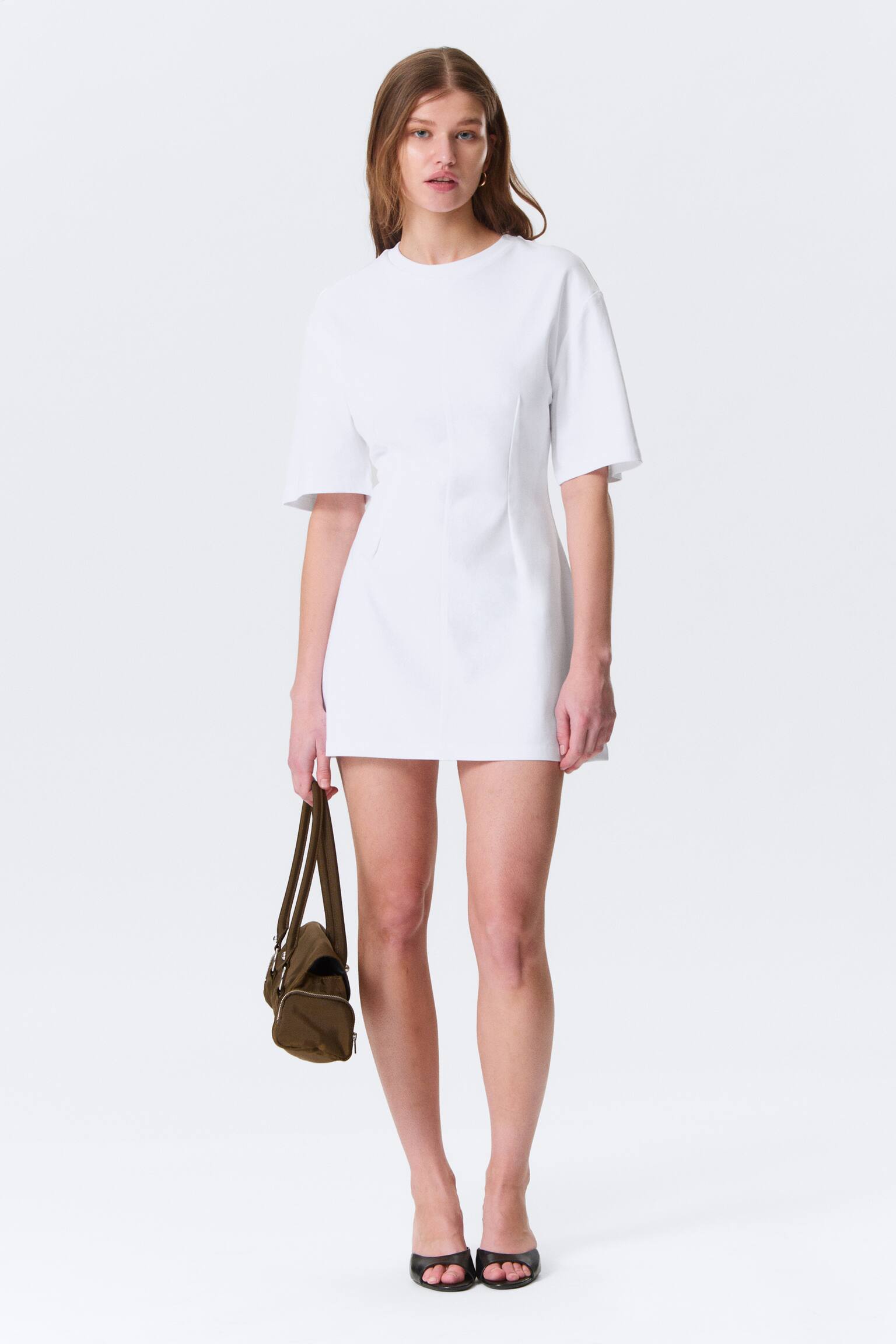 Short-Sleeved Cotton Mini Dress - Wit/Zwart - 1