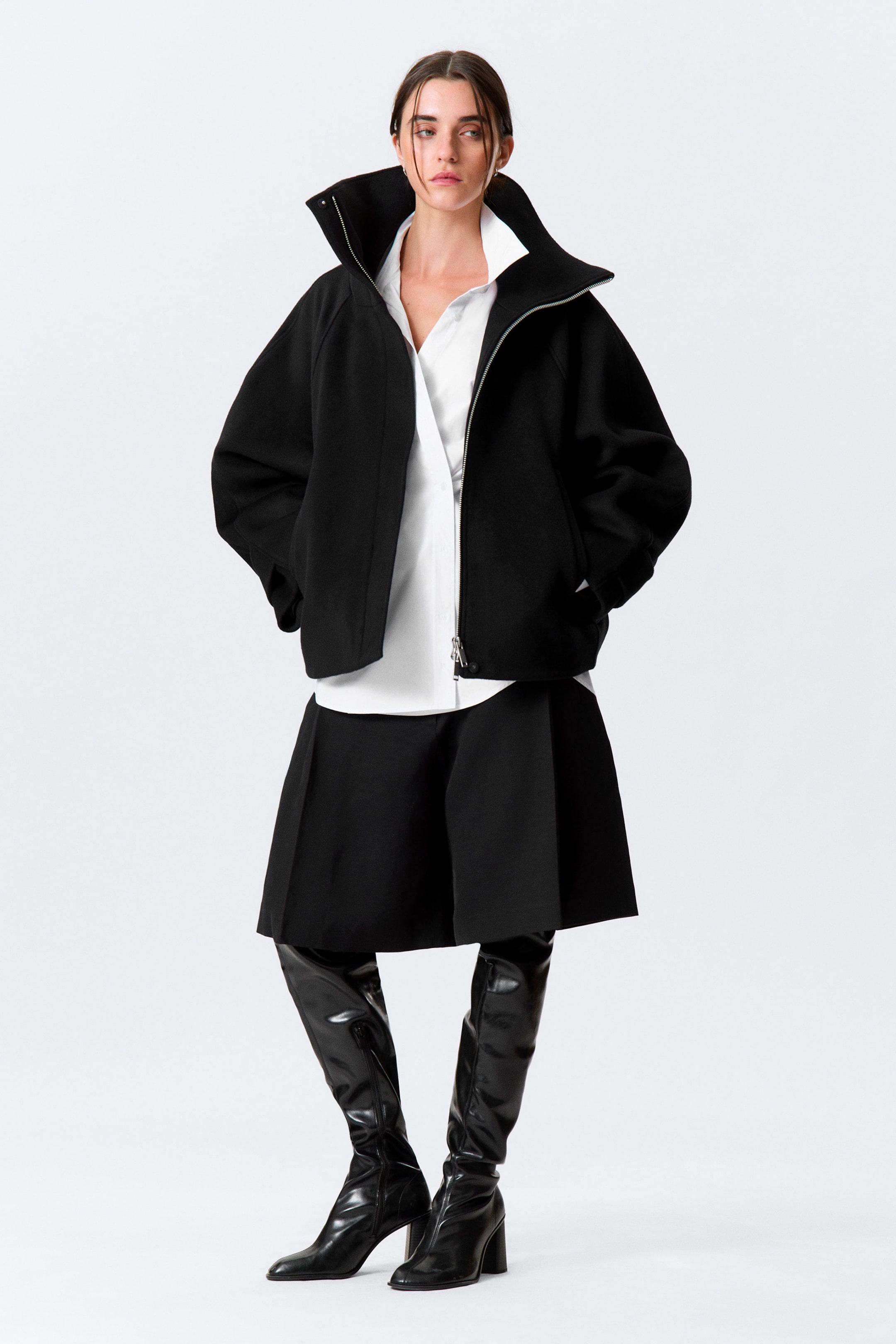 Black - Loose Fit Wool Jacket with Raglan Sleeves - 1