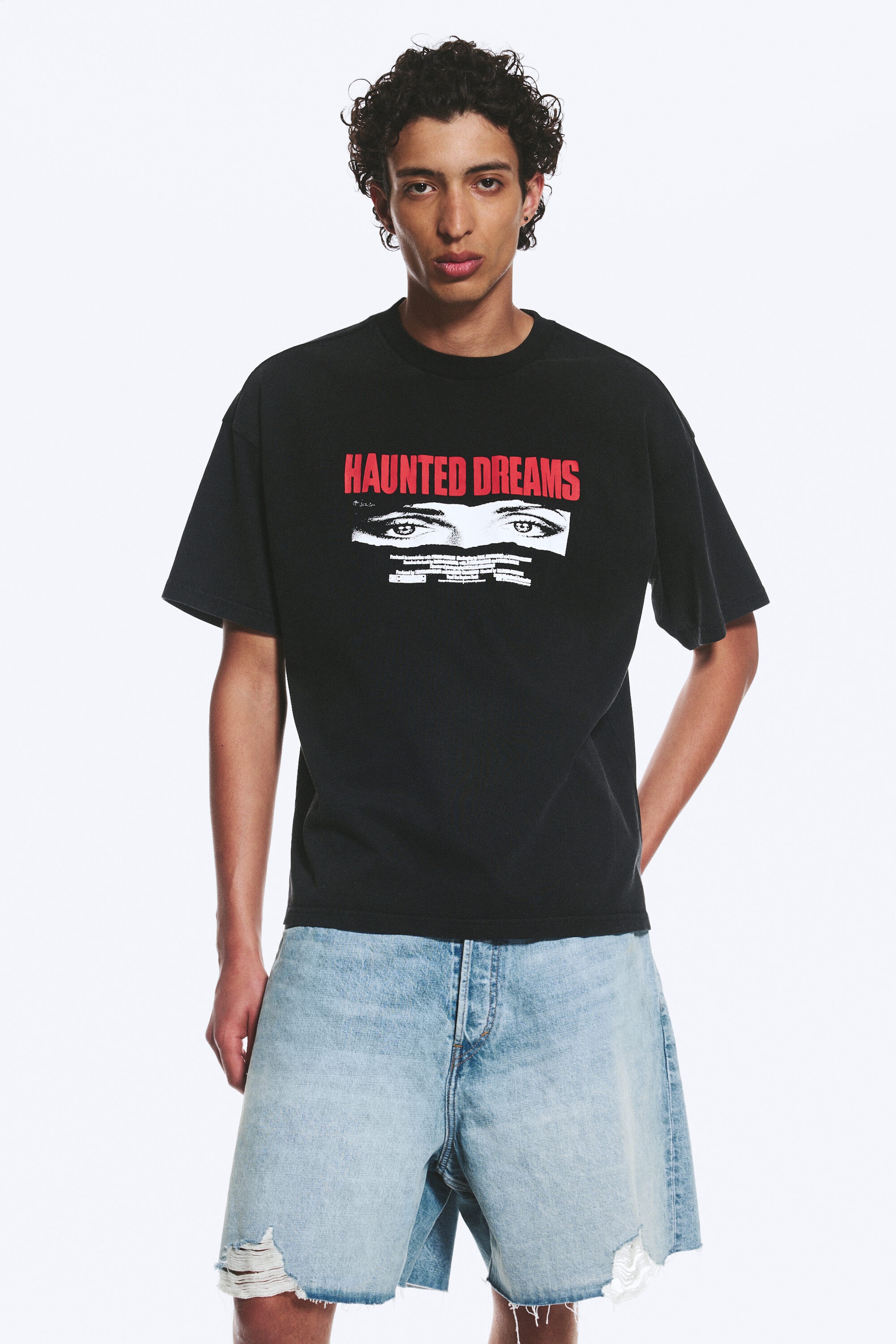 Schwarz - "Haunted Dreams" - Bedrucktes kastiges T-Shirt - 2