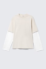 Light Beige & White - Double-Layered Cotton T-shirt - 4