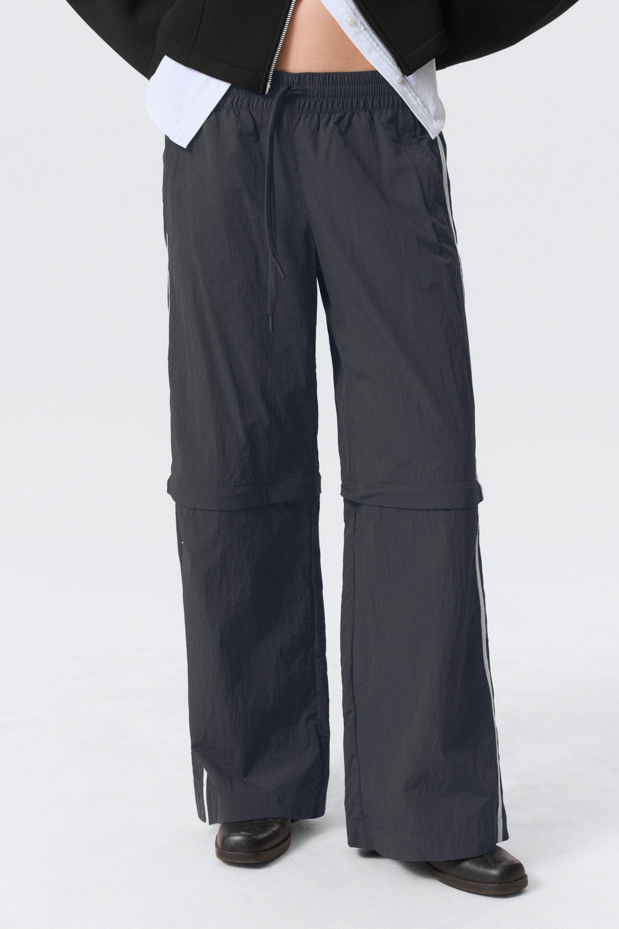 Black - Beige Stripe - Zip-off Nylon Track Trousers - 2