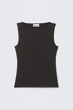 Black & Grey Stripes - Annie Striped Sleeveless Boat-Neck Top - 3