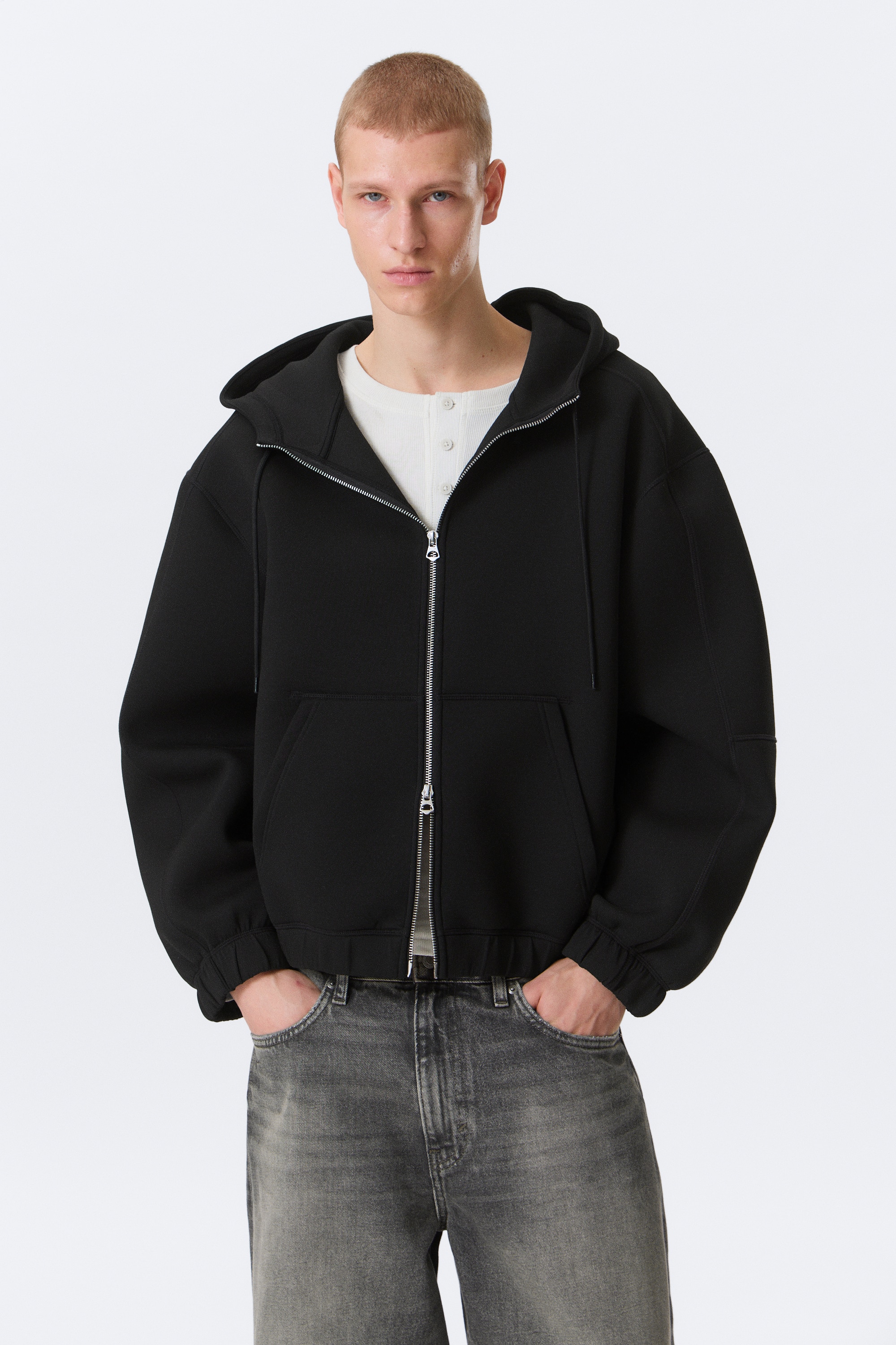 Loose High-Neck Scuba Zip Hoodie - Zwart/Vaal lichtbeige