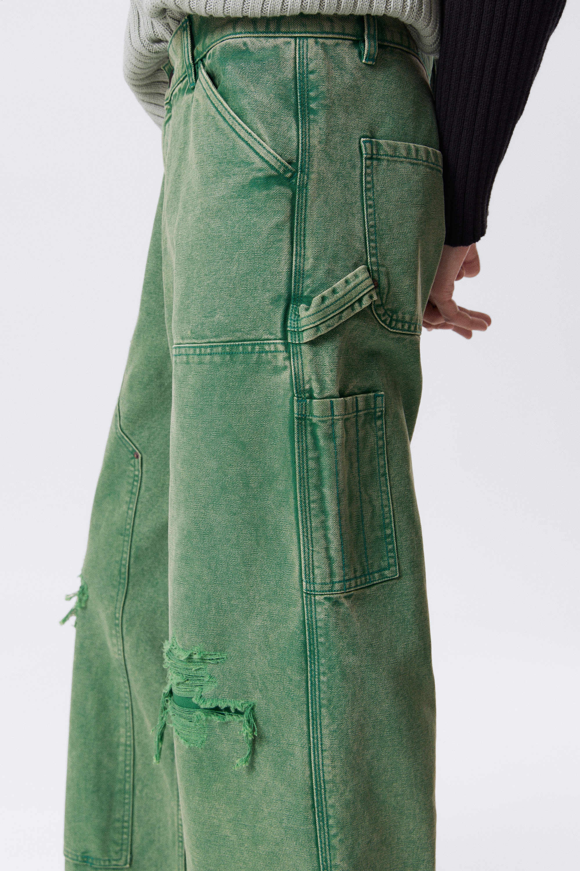 Washed Green - Low Rise Loose Fit Workwear Trousers - 2