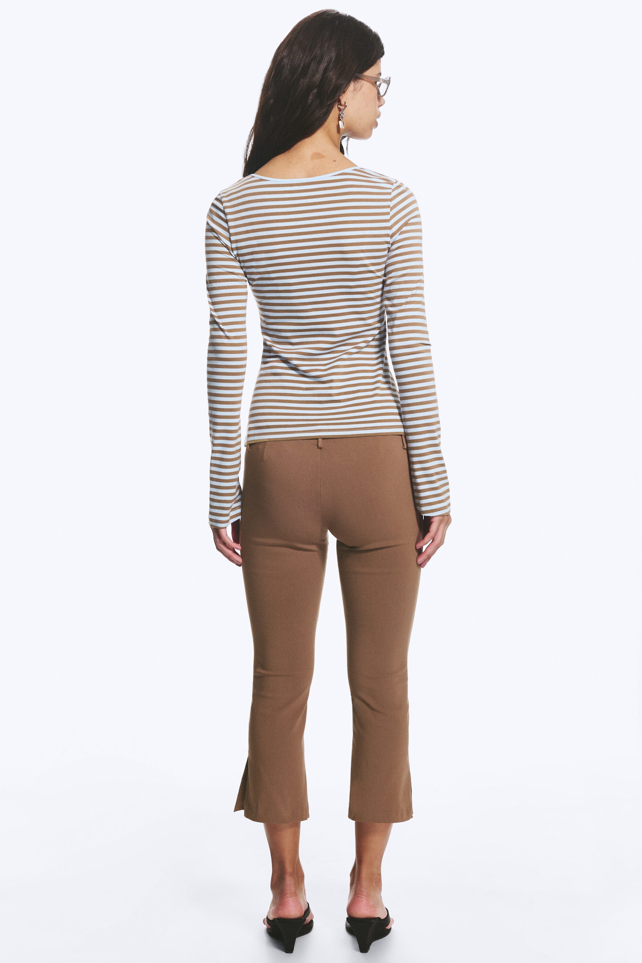 Blå/Brun Stripete - Langermet slim-fit topp med utringning - 2