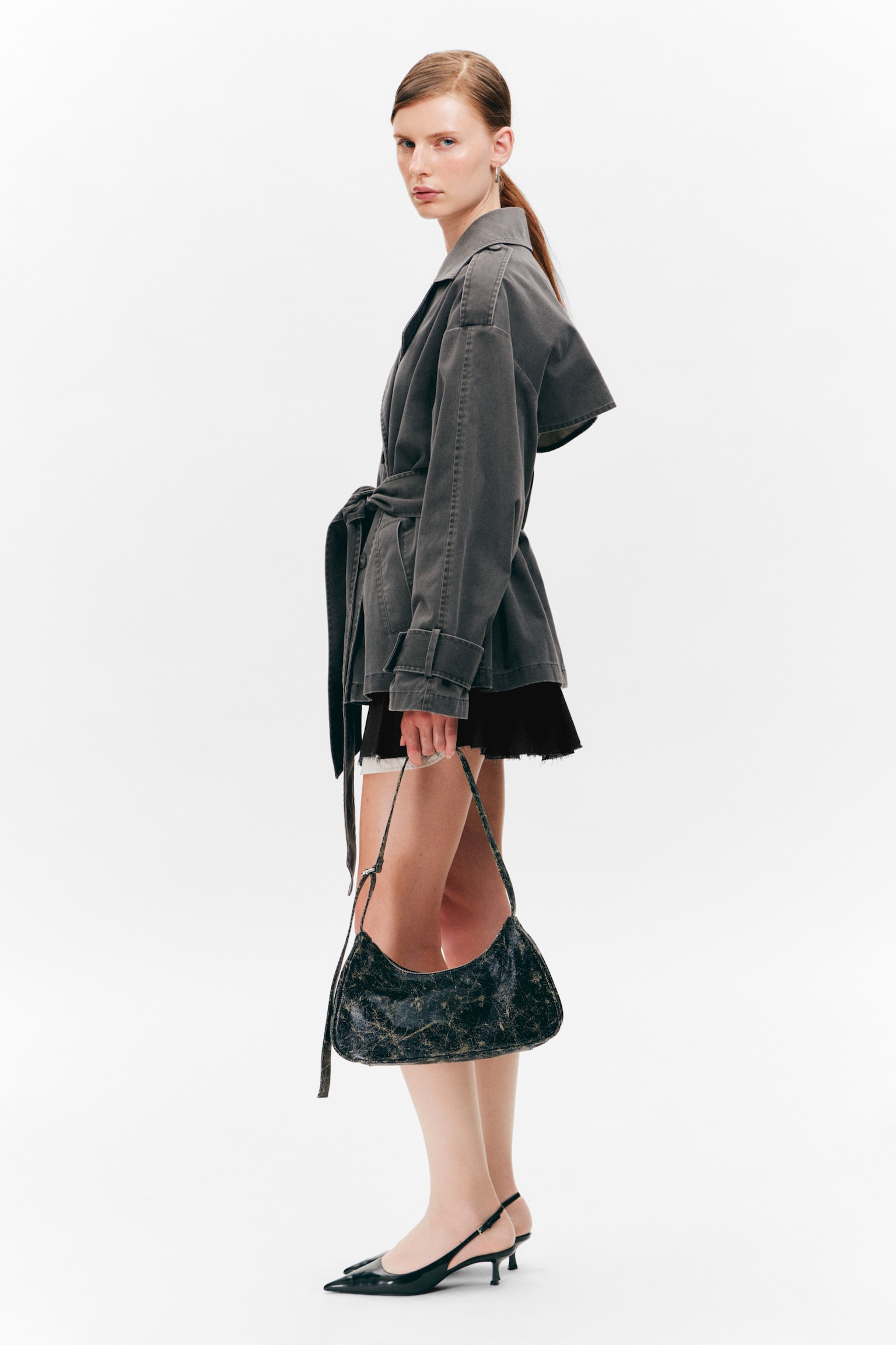 SHORT DOUBLE-BREASTED WASHED TRENCH COAT - Dark Grey - 5
