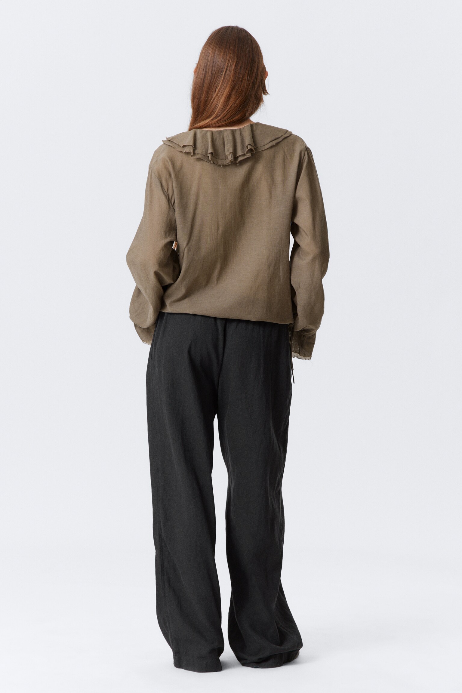 Wikkelblouse met lange mouwen en volants - Bruin/Wit/Zwart - 3