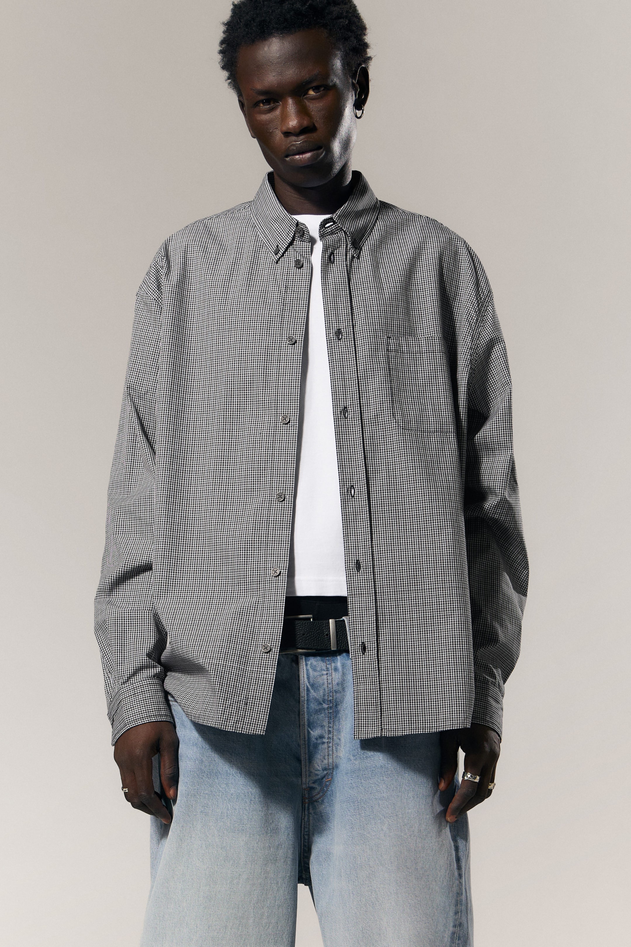 Black Check - Loose Button-Down Poplin Shirt - 1