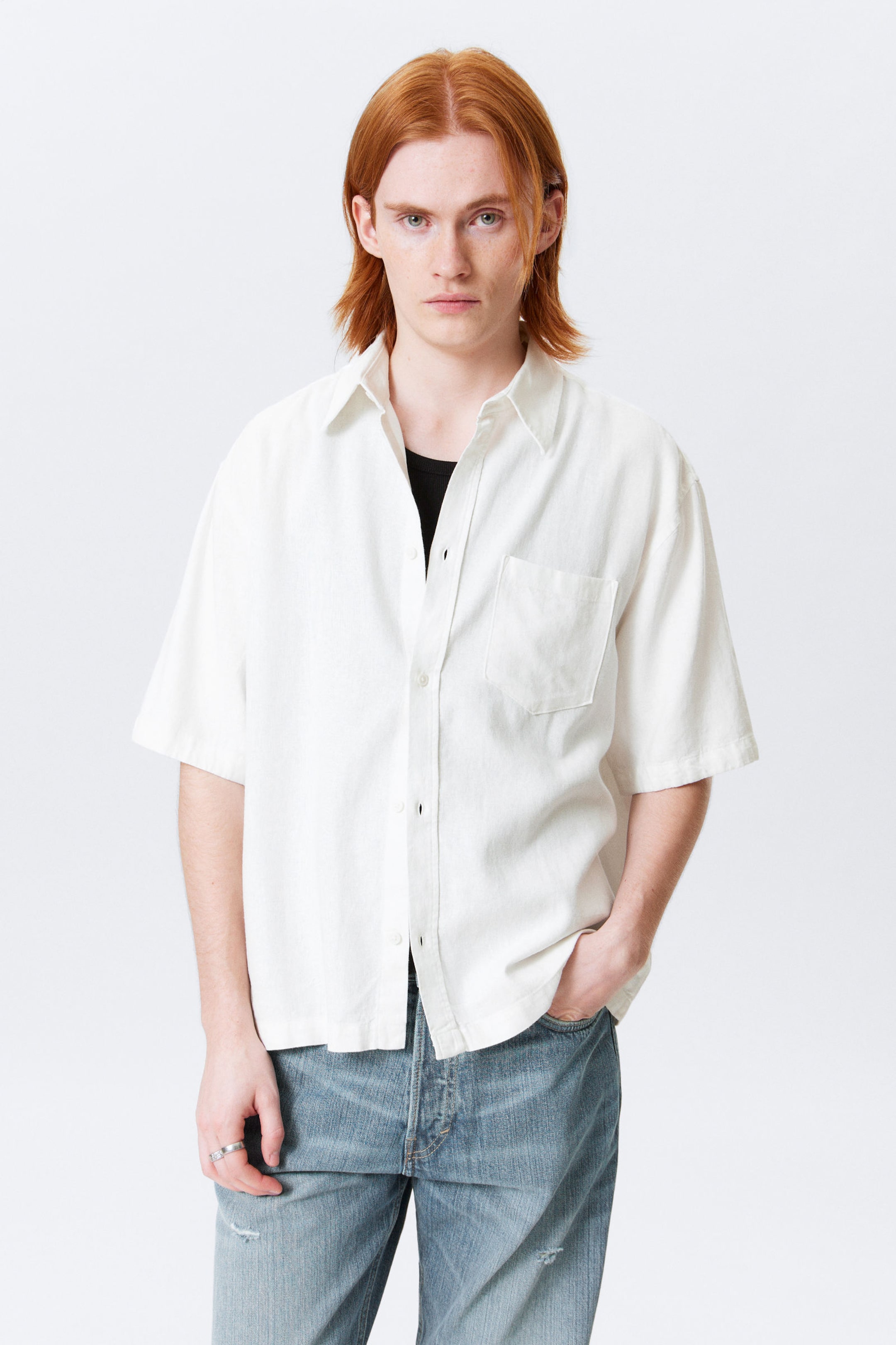 #F4F3E9 - Relaxed Short-Sleeved Linen-Blend Shirt - 1