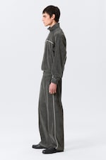 Dark Grey - Mid Rise Loose Straight Leg Velour Track Pants - 2