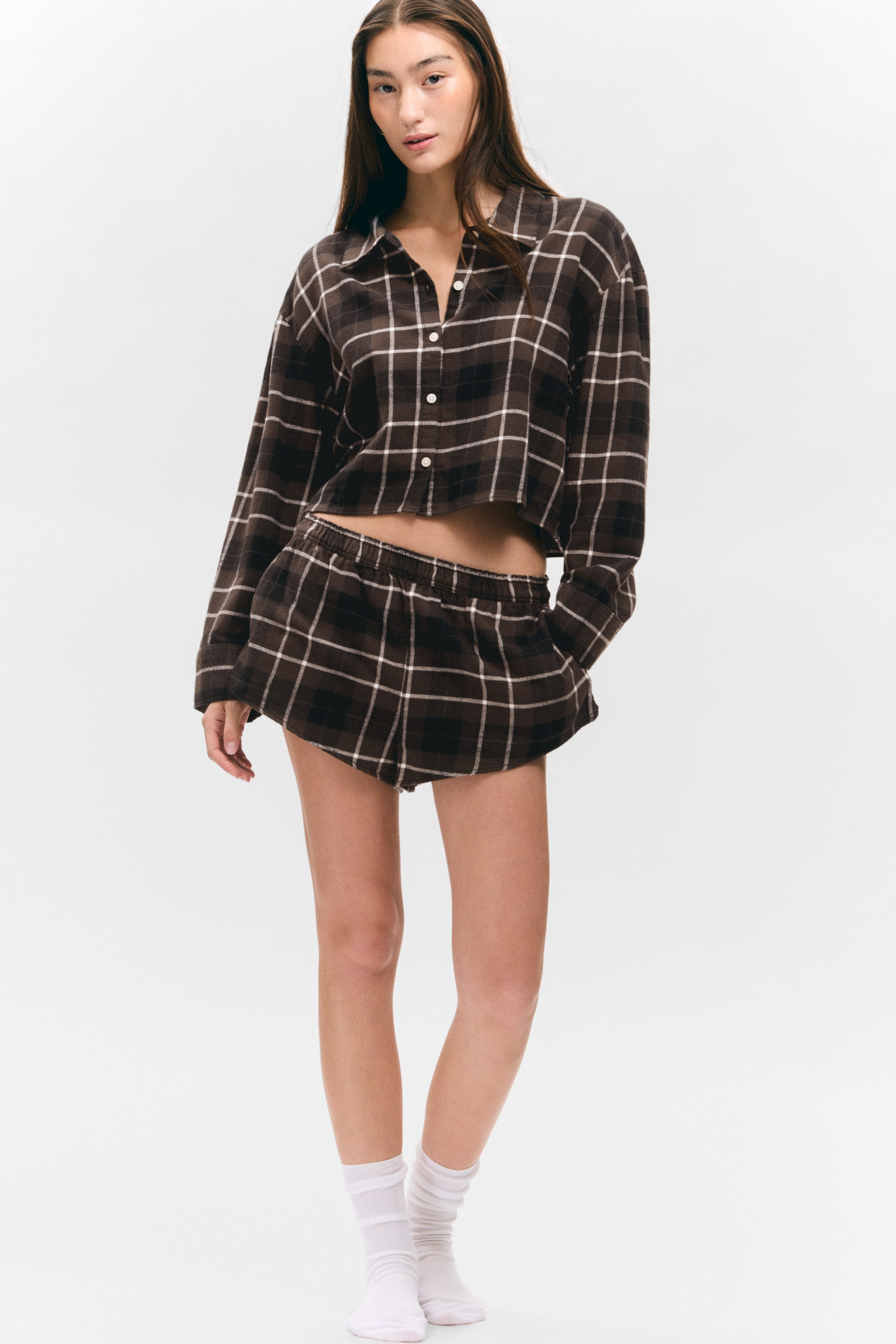Checked Brown - Cropped Checked Flannel Shirt - 2
