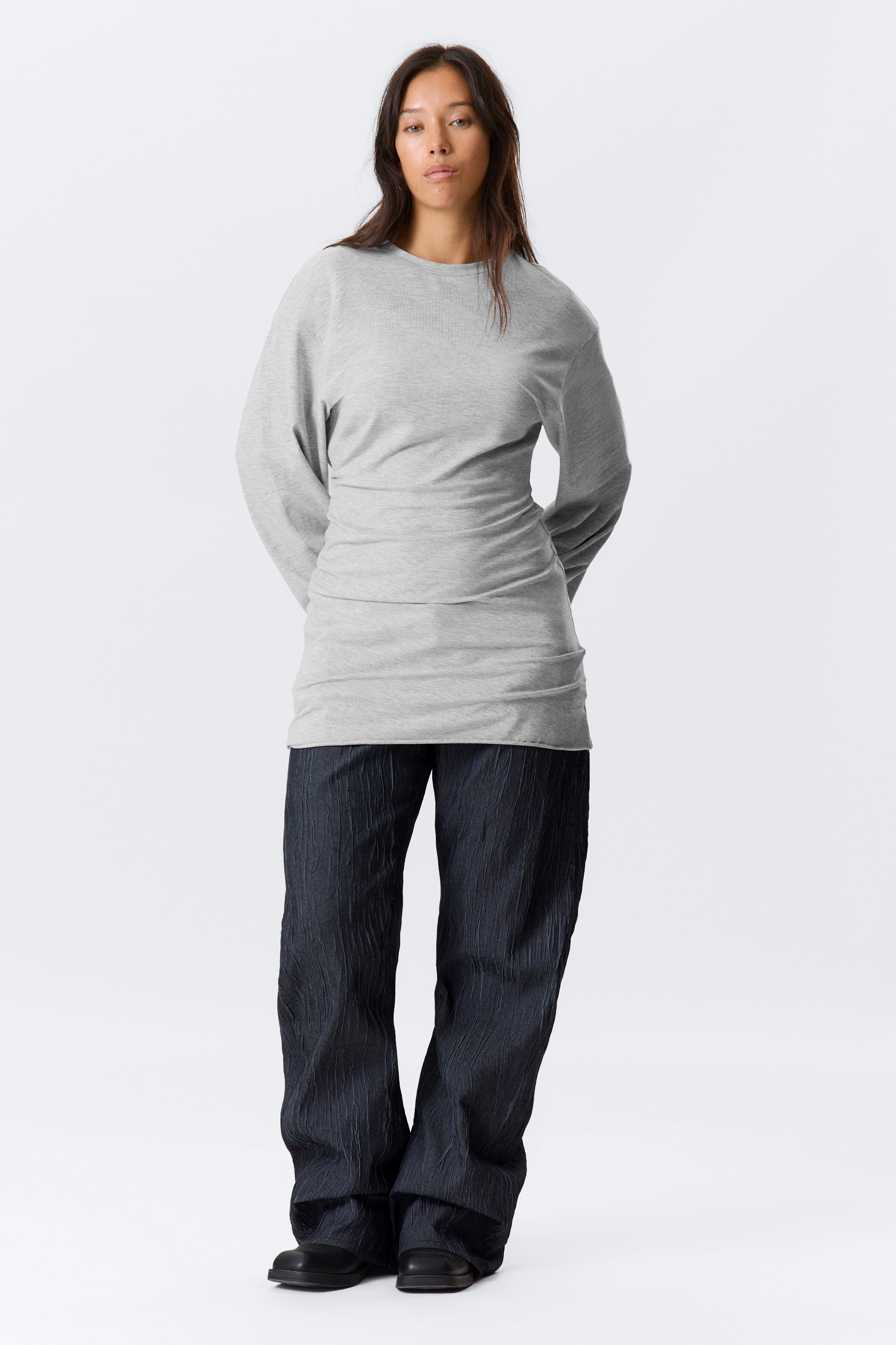 Grey Melange - Oversized Long-Sleeved Mini Dress - 1