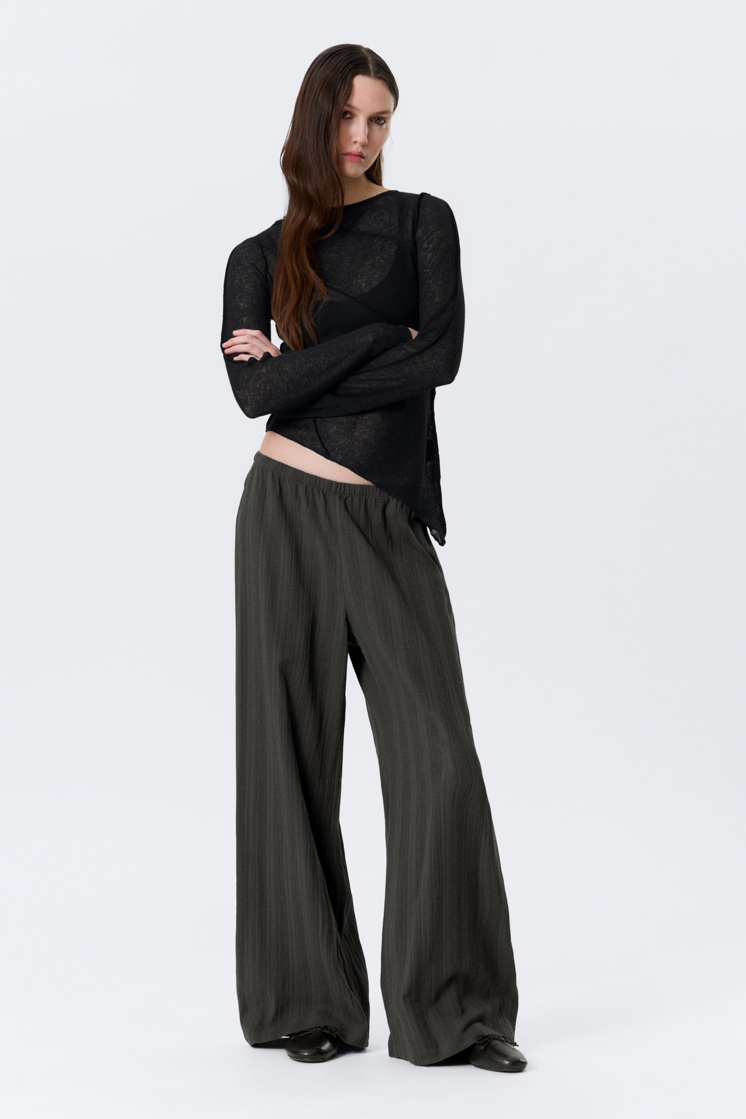 Pantalon ample taille basse en coton à enfiler - Gris foncé - 1