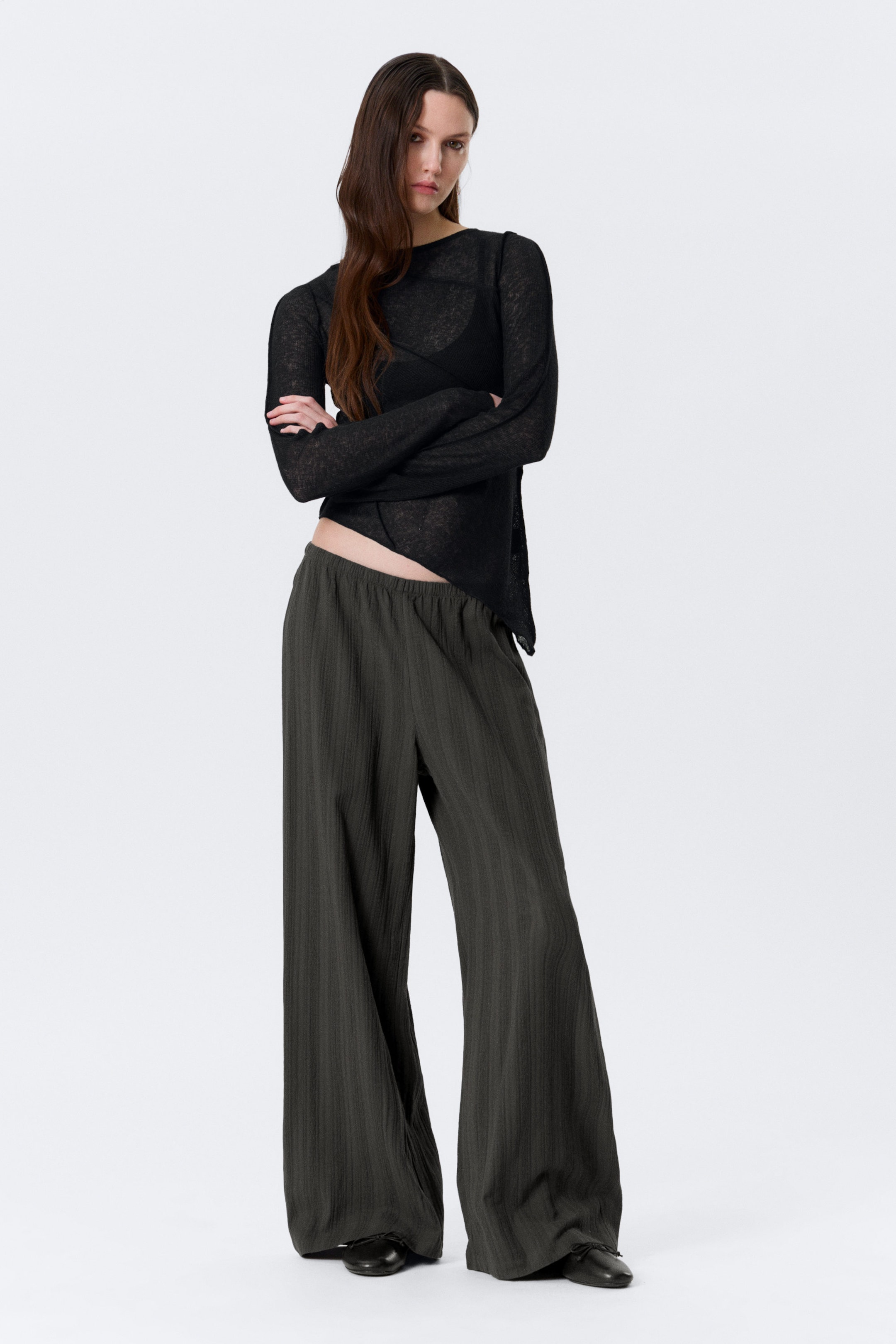 Gris foncé - Pantalon ample taille basse en coton à enfiler - 1