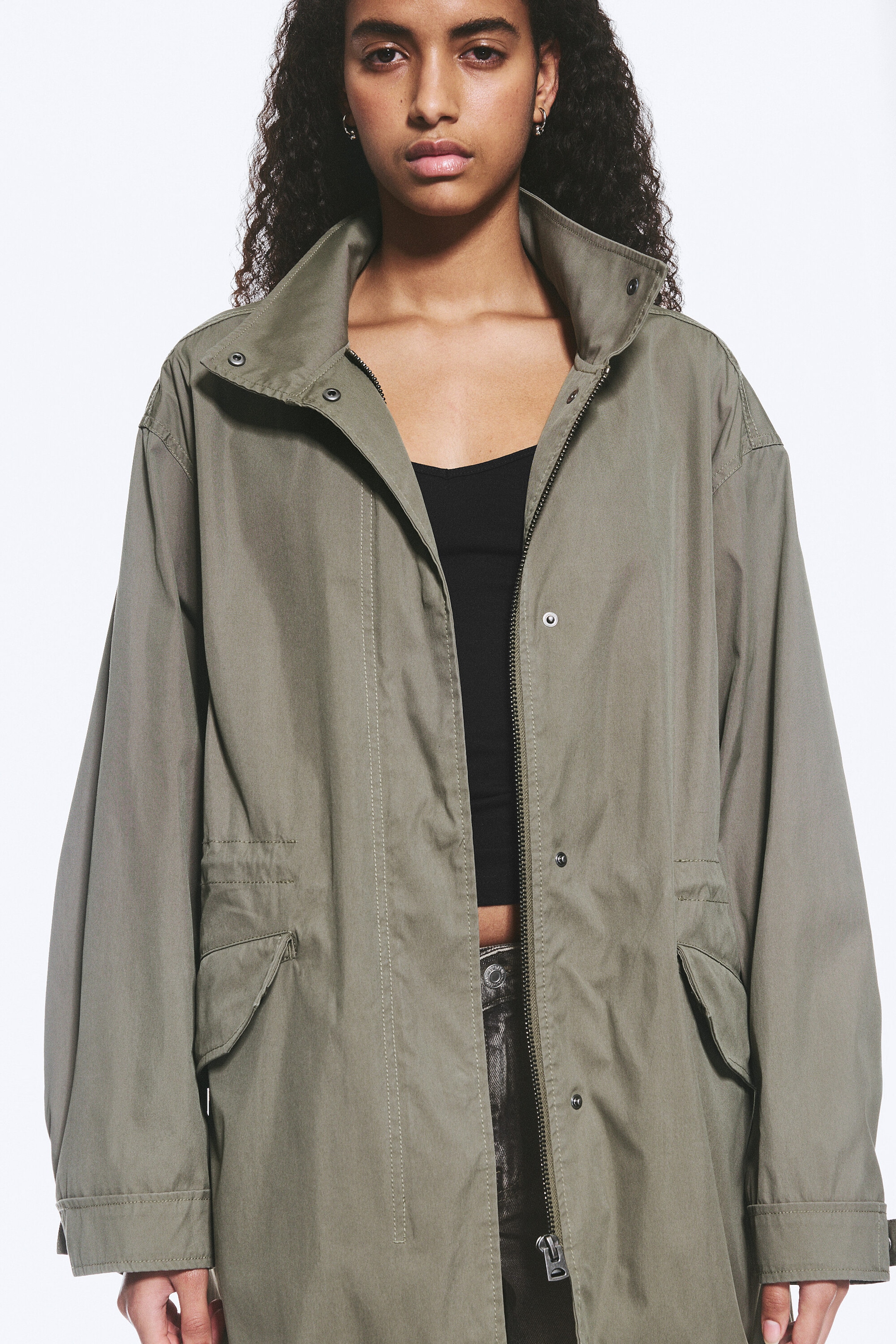 Khaki Green - Oversized Funnel-Neck Canvas Parka - 2