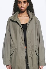 Khaki Green - Oversized Funnel-Neck Canvas Parka - 1