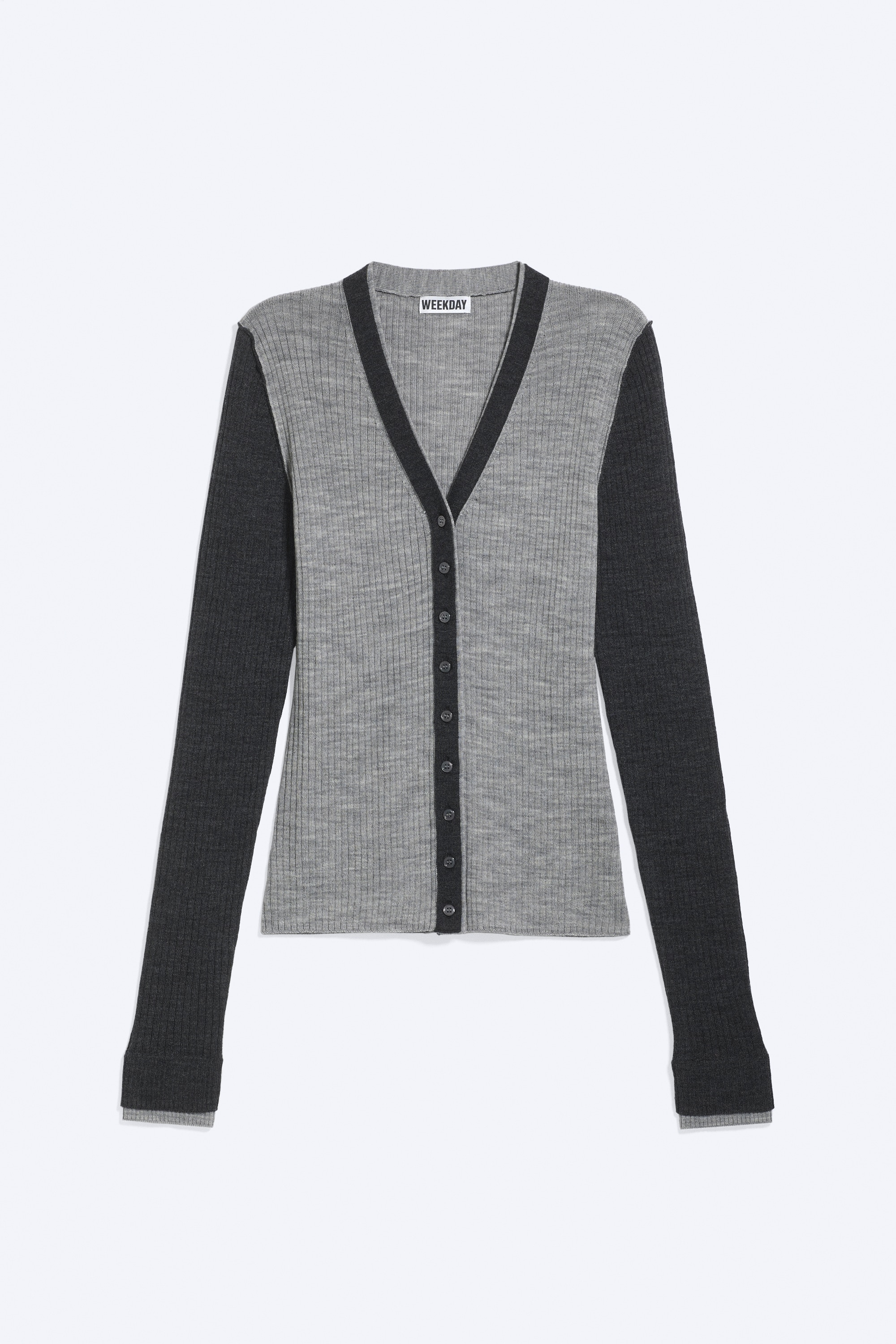 V-neck merino cardigan - Grey Melange/Dark Brown/Dark Green