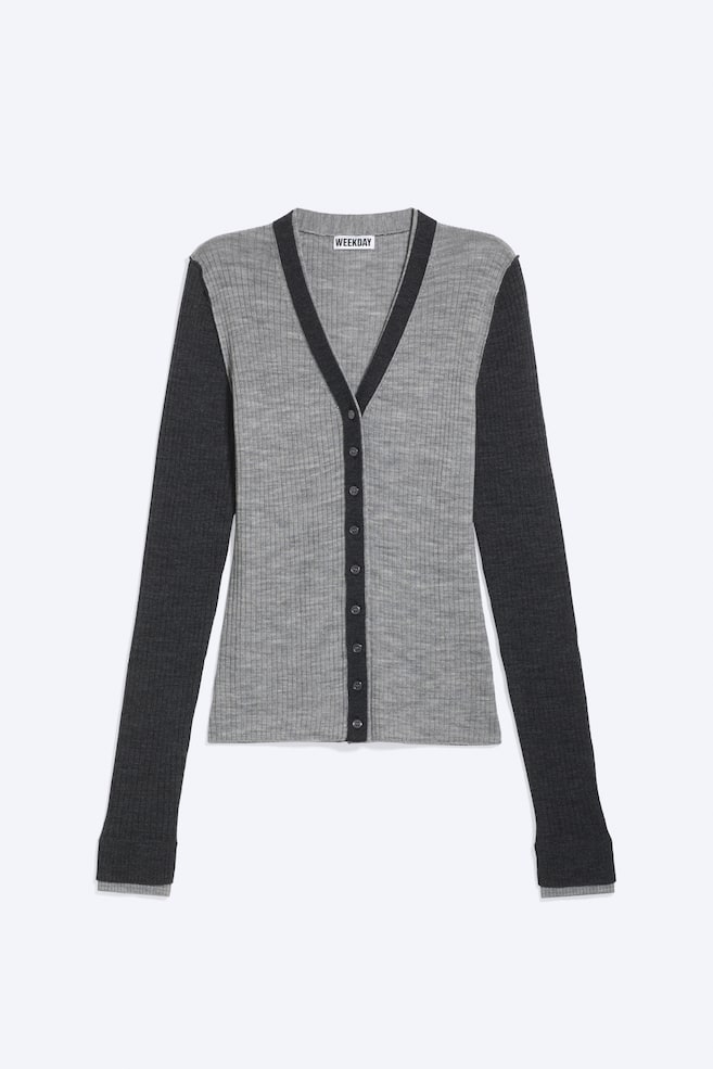 V-neck merino cardigan - Grey Melange/Dark Green/Dark Brown - 1