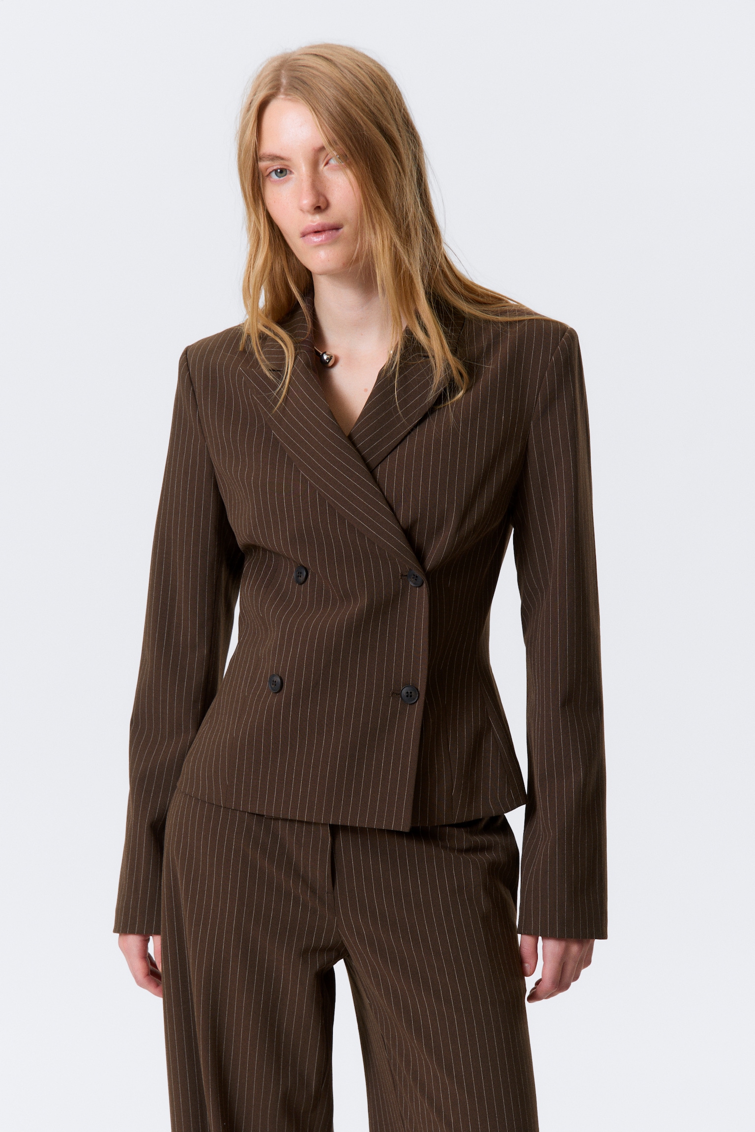 Short Fitted Blazer - Dark Brown - Pinstripe/Black - 4